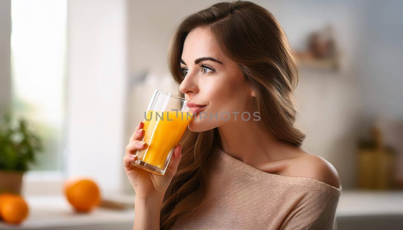 pretty young woman drinking orange juice, AI generated image
