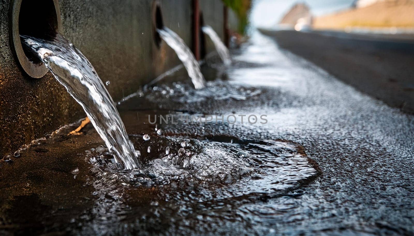 rain flowing down a drain manhole, AI generated image