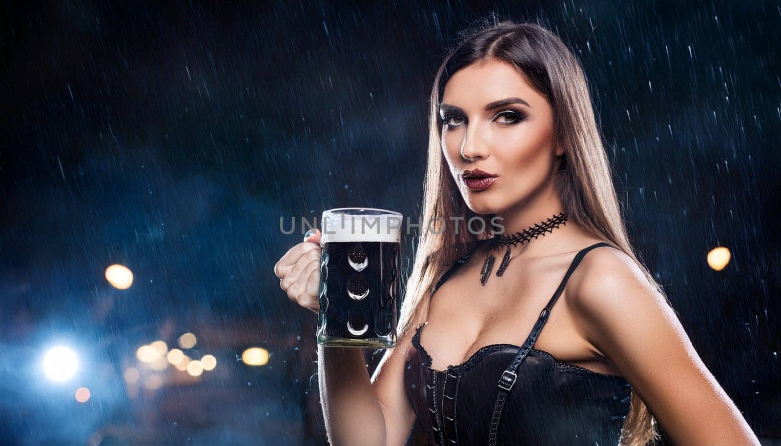 pretty young goth woman drinking dark beer, AI generated image