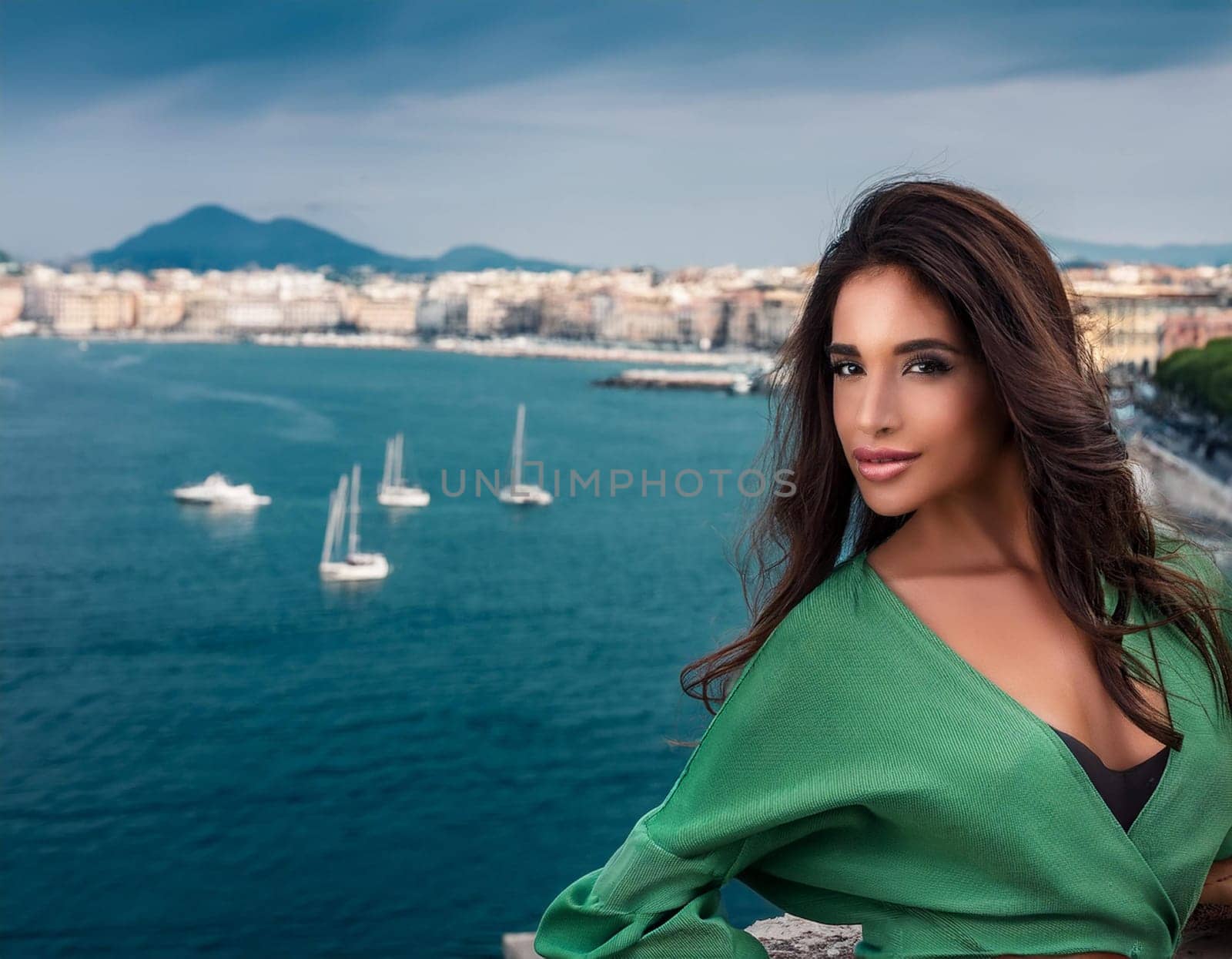 gorgeous woman in a green dress, AI generated image