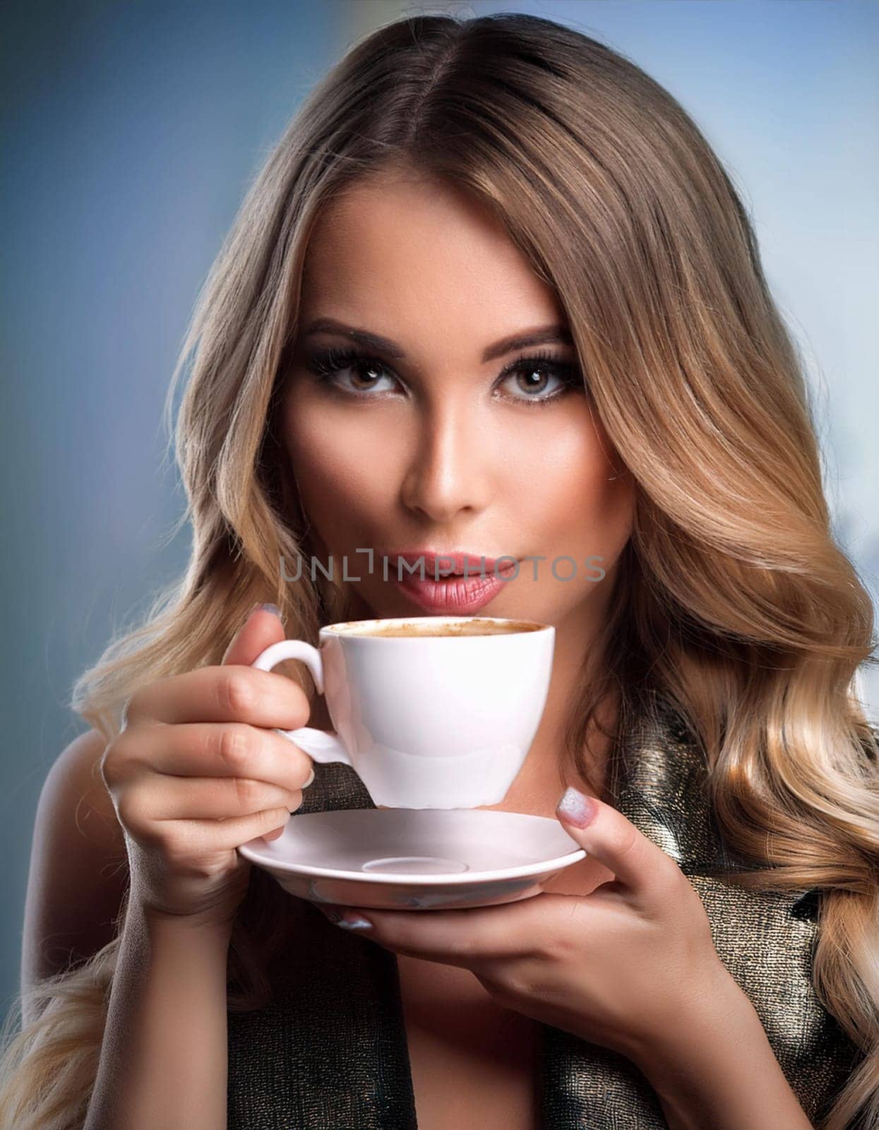 pretty young woman drinking coffee or tea, AI generated image