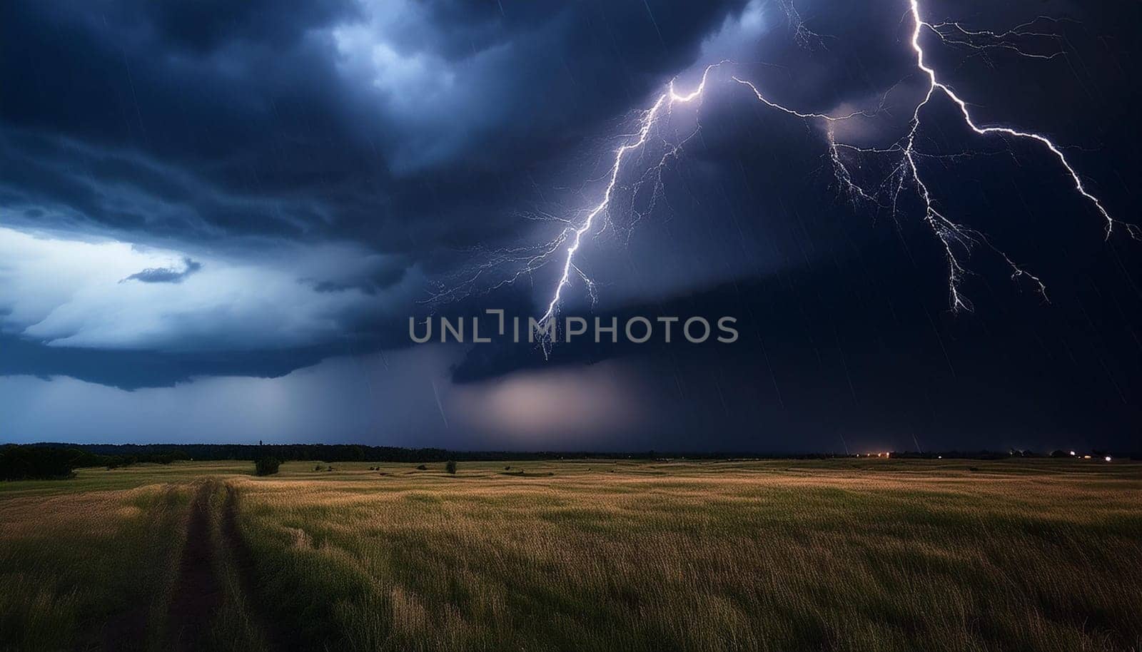 stormy weather at night with lightning, AI generated image