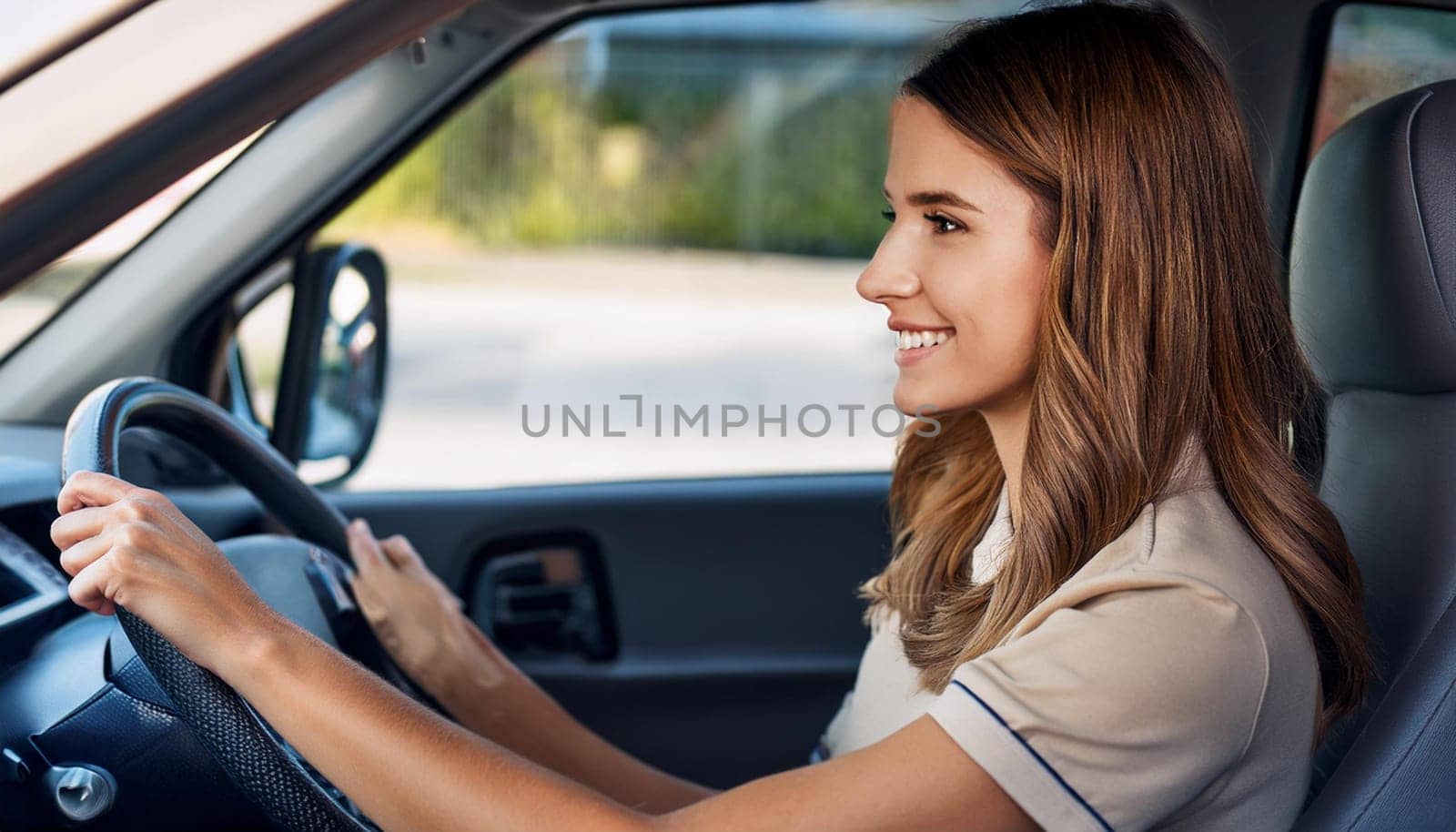 gorgeous young woman driving a van, AI generated image