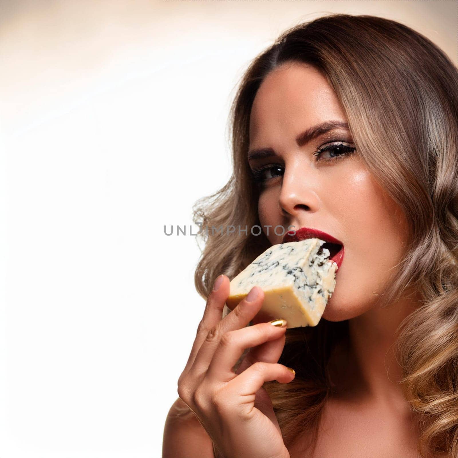pretty young woman eating stilton cheese, AI generated image