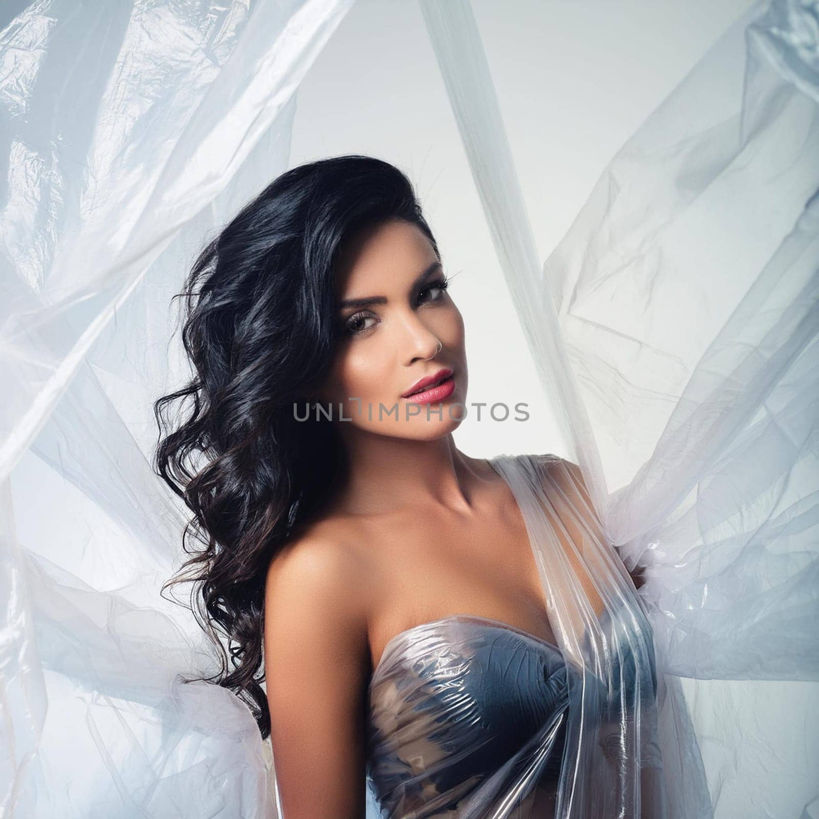 gorgeous young woman polythene dress, AI generated image