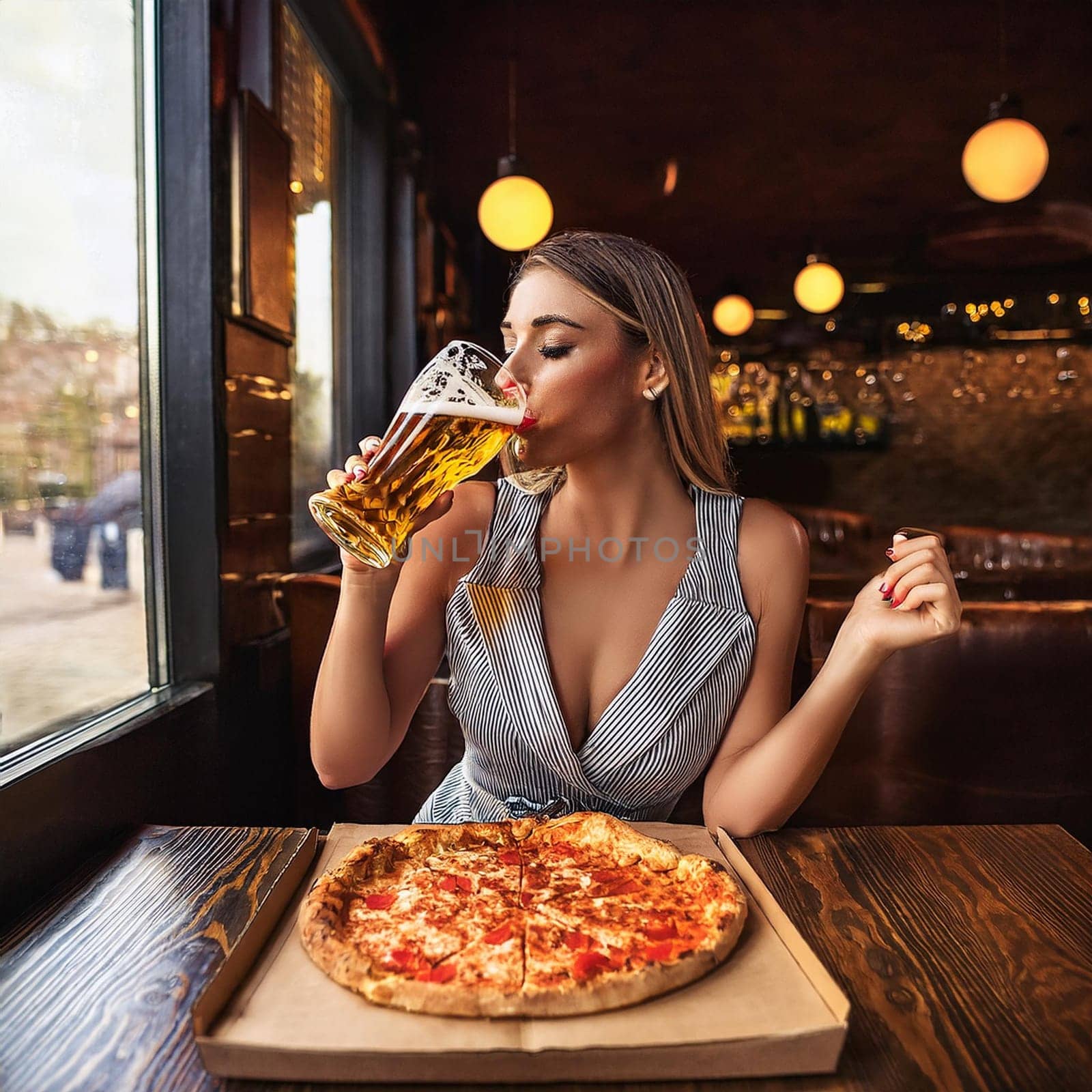 gorgeous young woman eating pizza margherita and drinking beer, AI generated image