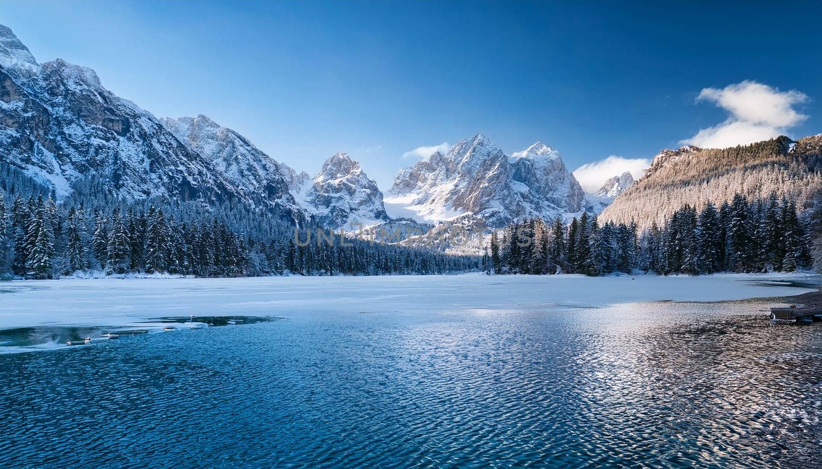 winter alpine mountains natural landscape with iced lake, AI generated image