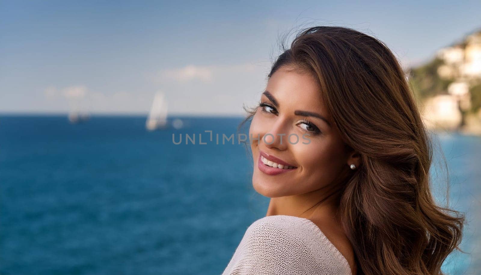 pretty young woman by the sea, AI generated image