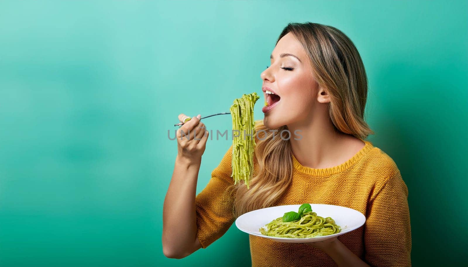 pretty young woman eating spaghetti al pesto, AI generated image