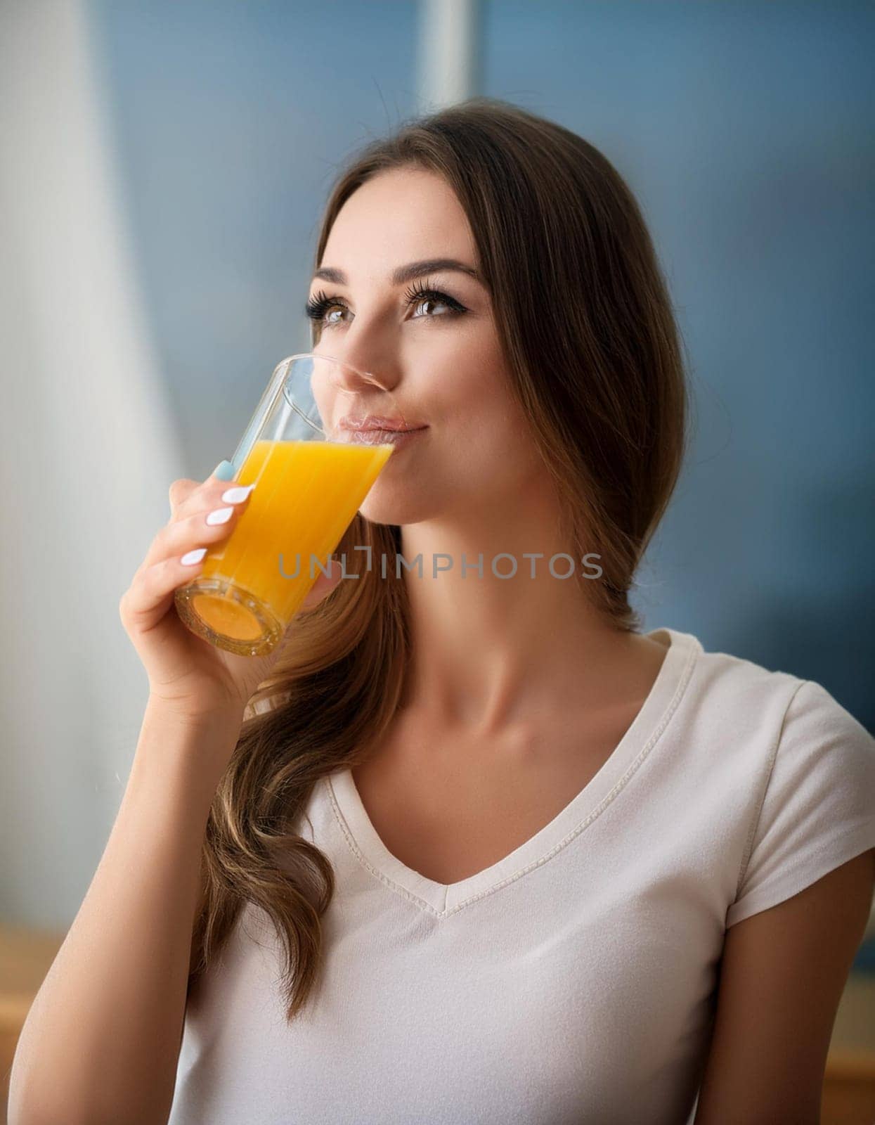 pretty young woman drinking orange juice, AI generated image