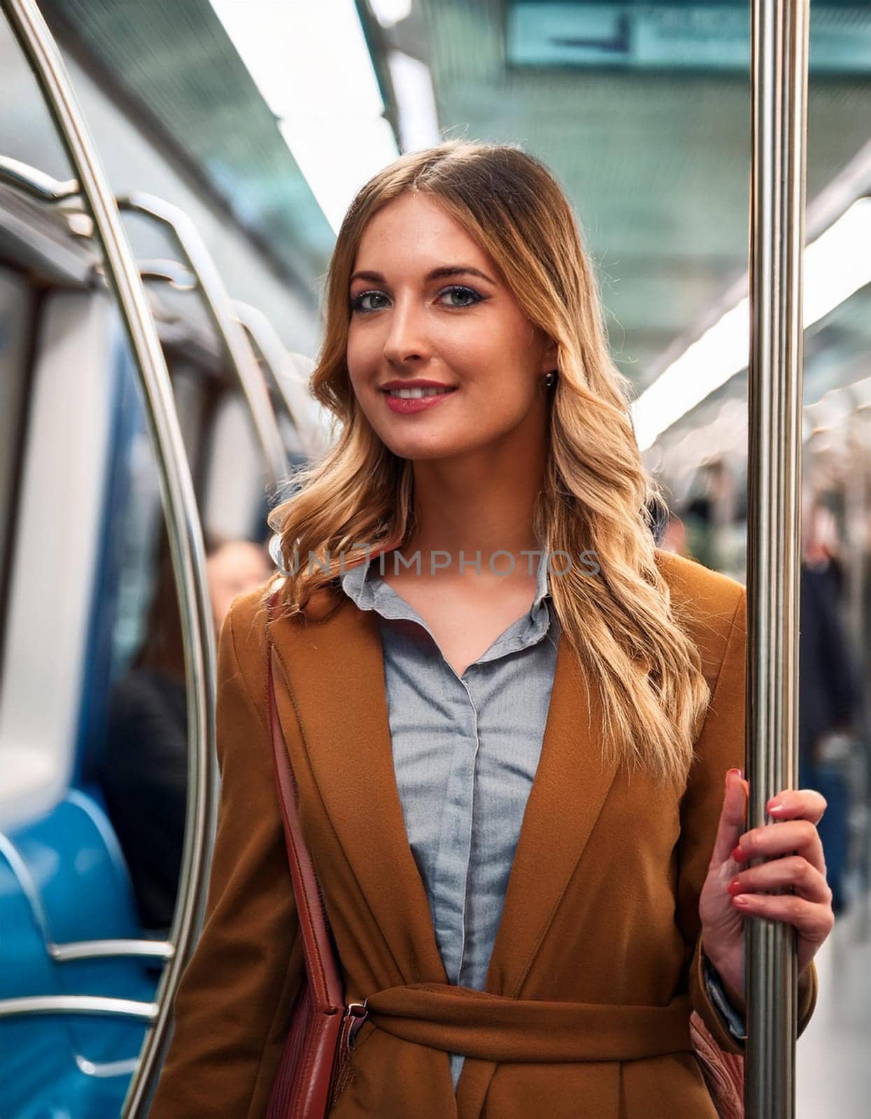 gorgeous young woman on subway train, AI generated image