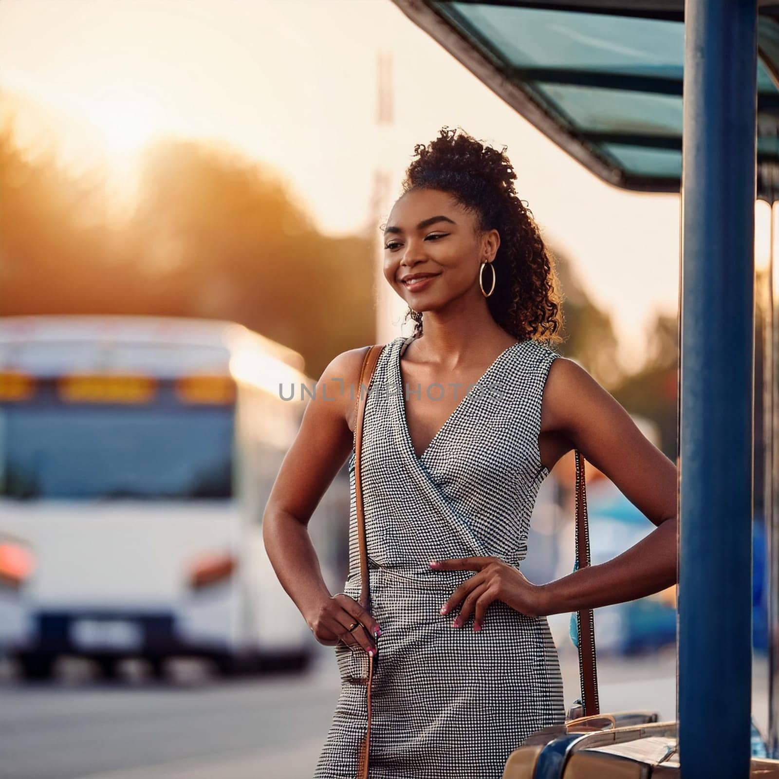 pretty young woman waiting for transport at bus stop, AI generated image