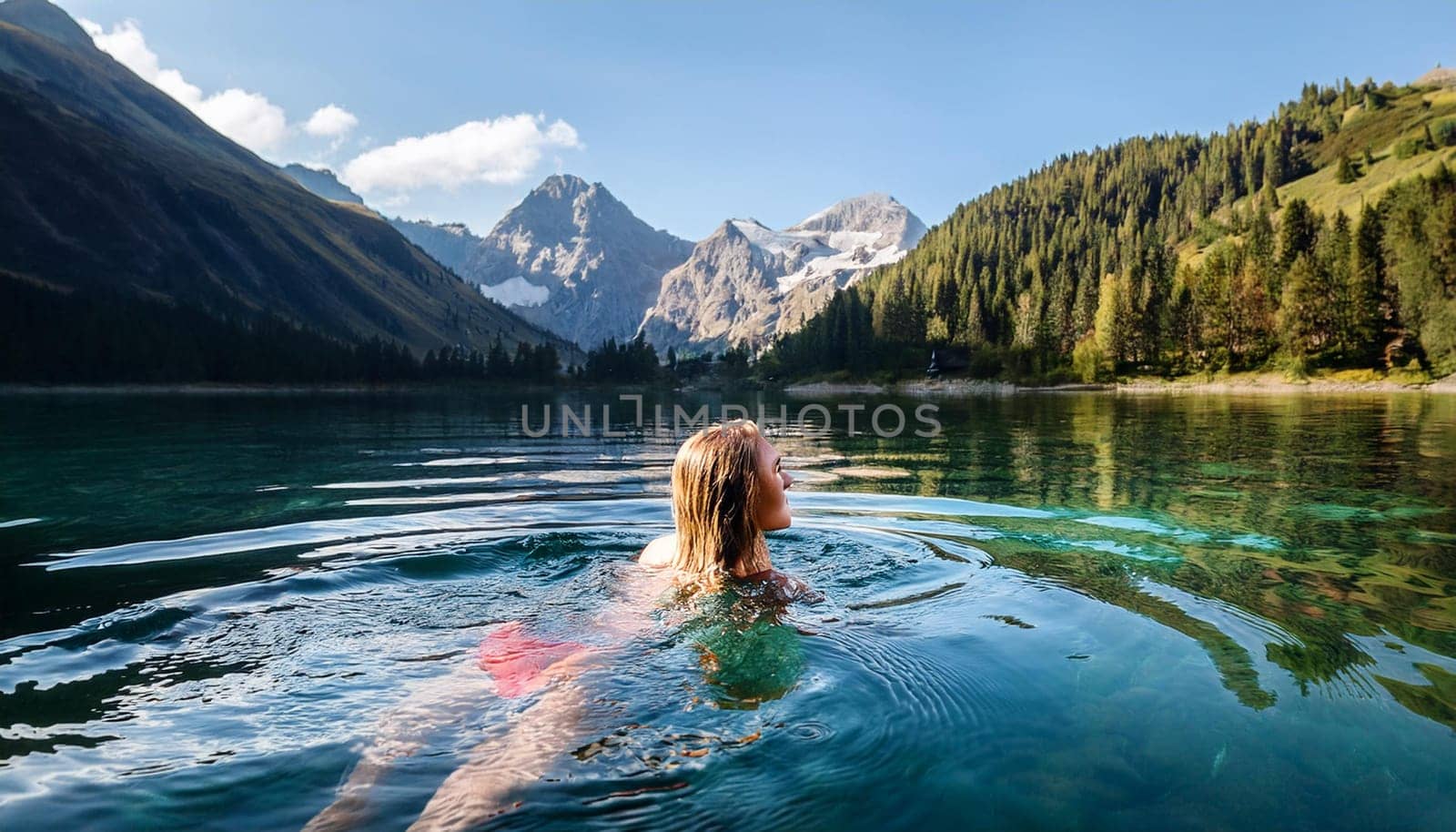 pretty young swimming woman in mountain lake, AI generated image