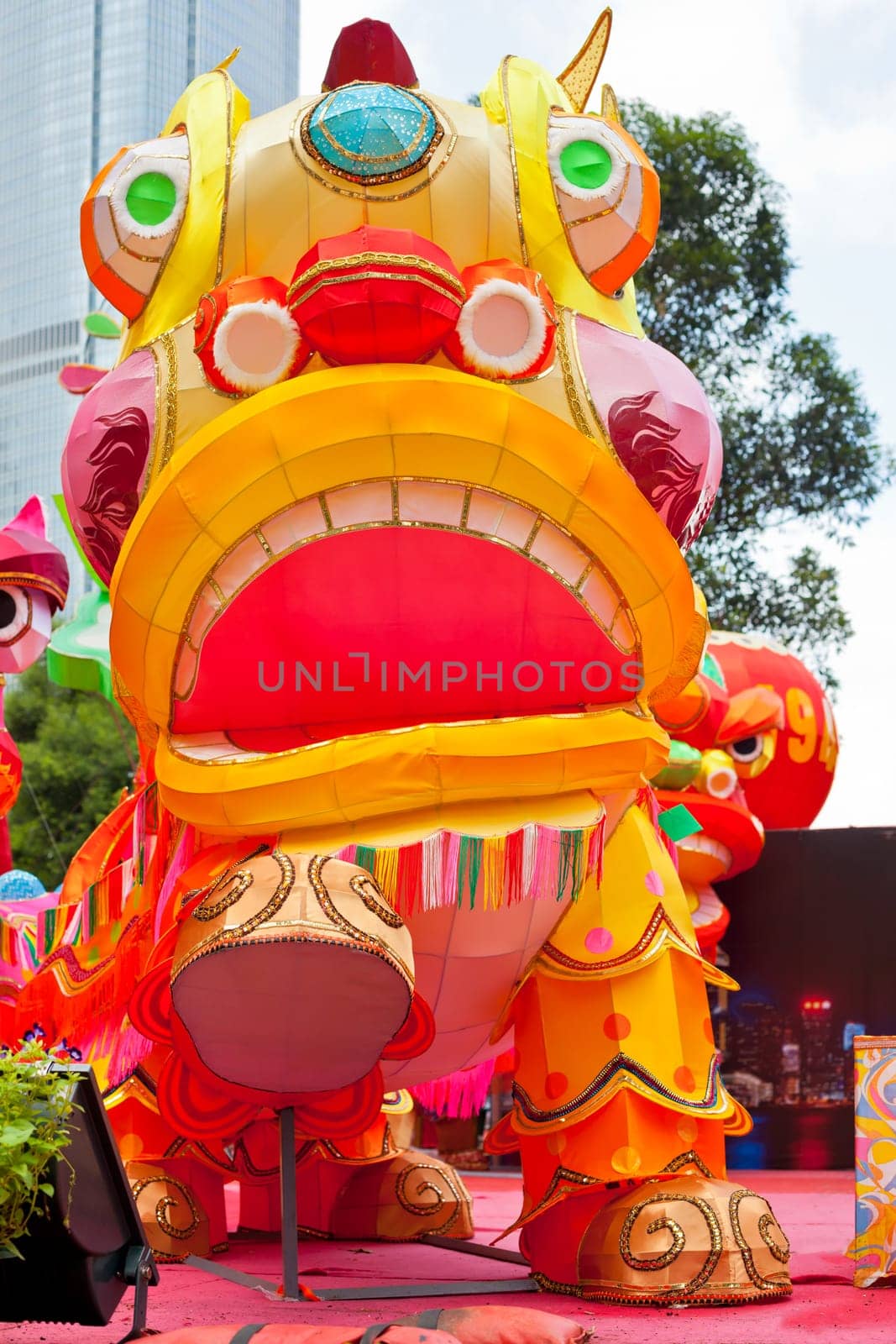 Park with traditional decoration dragon for chinese holiday. Hong Kong