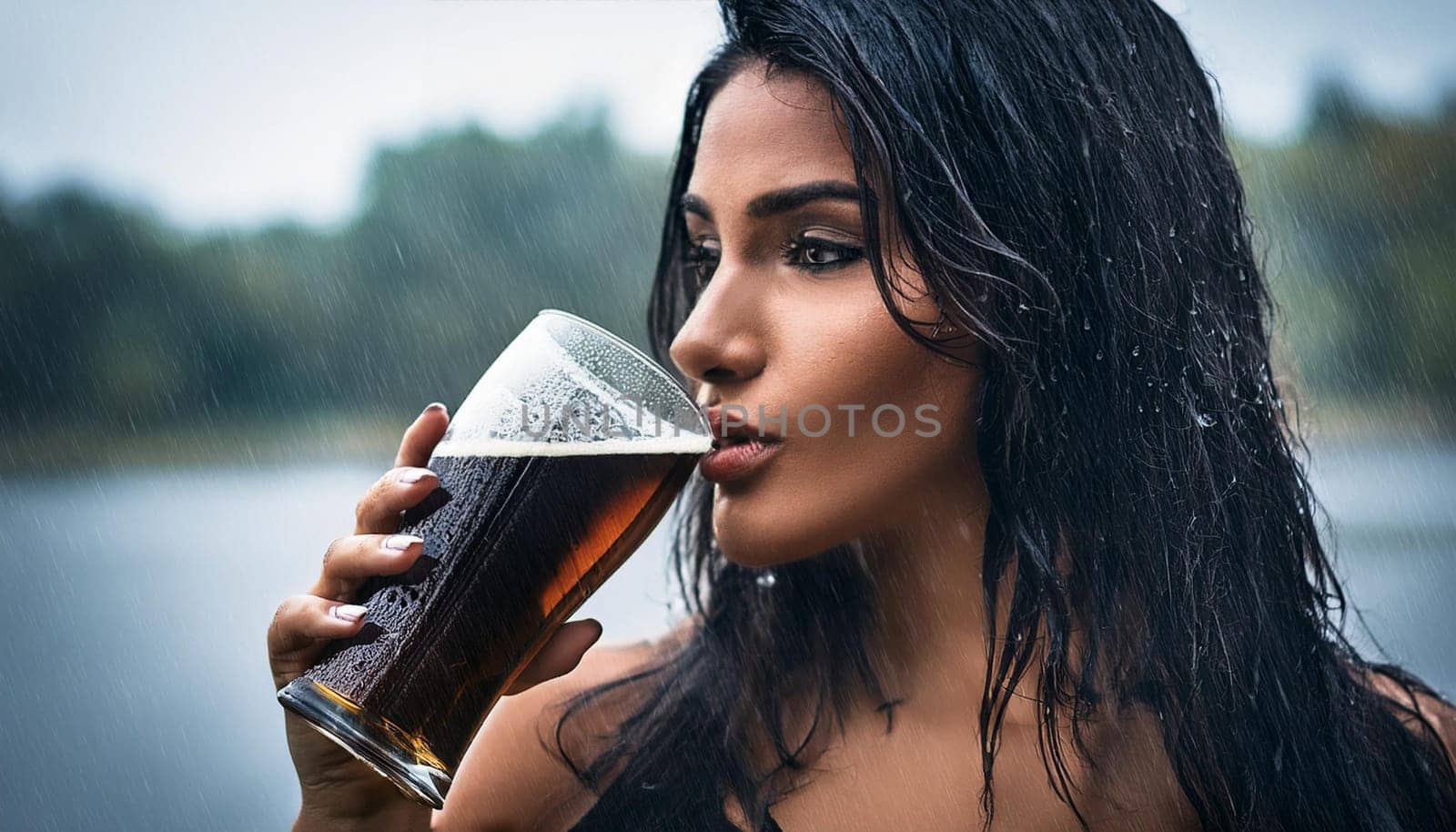 gorgeous young woman drinking beer in the rain outside pub, AI generated image