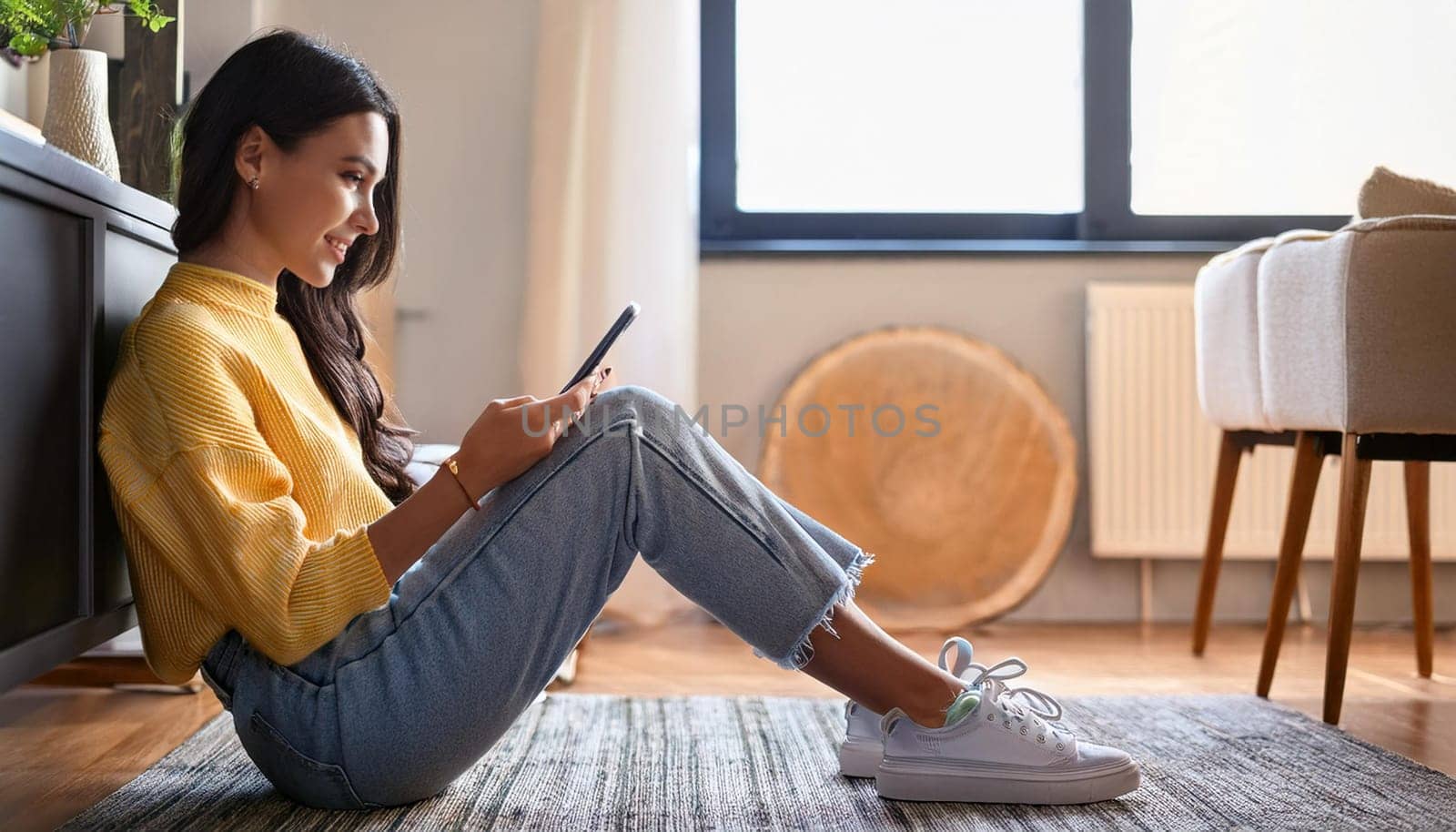 young female student seated on the floor with mobile phone, AI generated image