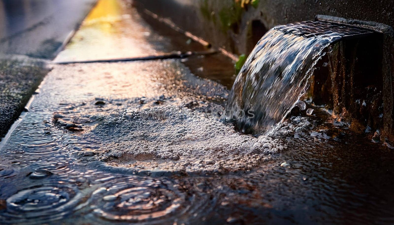 rain flowing down a drain manhole, AI generated image