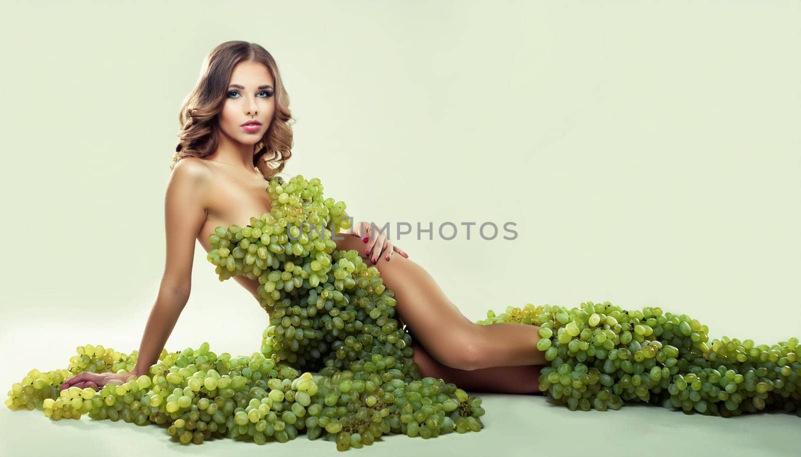 gorgeous young woman dressed with grapes, AI generated image