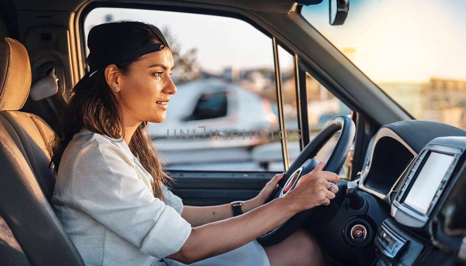 gorgeous young woman driving a van, AI generated image