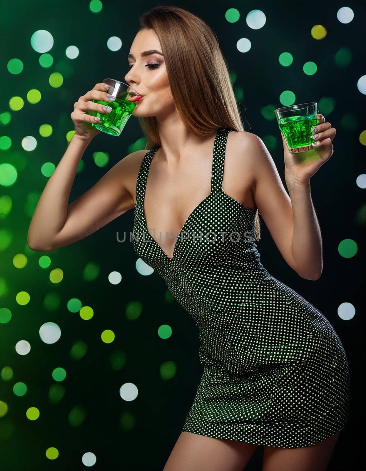 gorgeous young woman dressed in polka dots dress, AI generated image