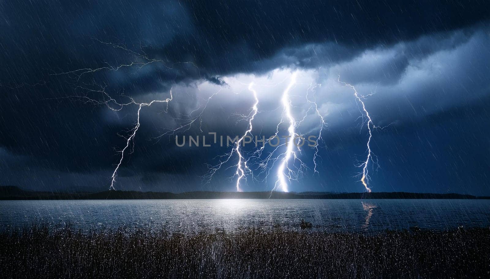 stormy weather at night with lightning, AI generated image