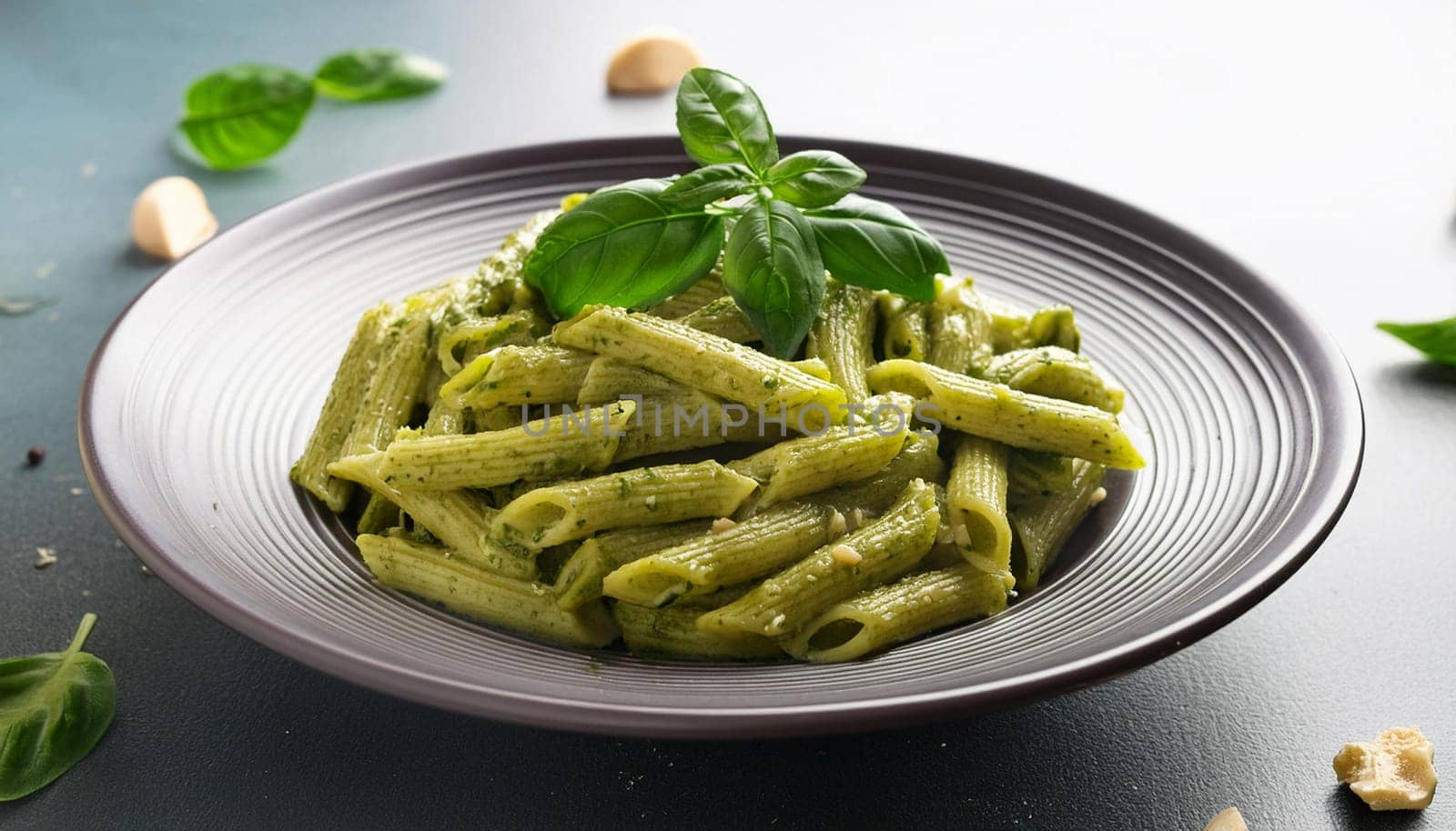 vegetarian pesto pasta dish, AI generated image