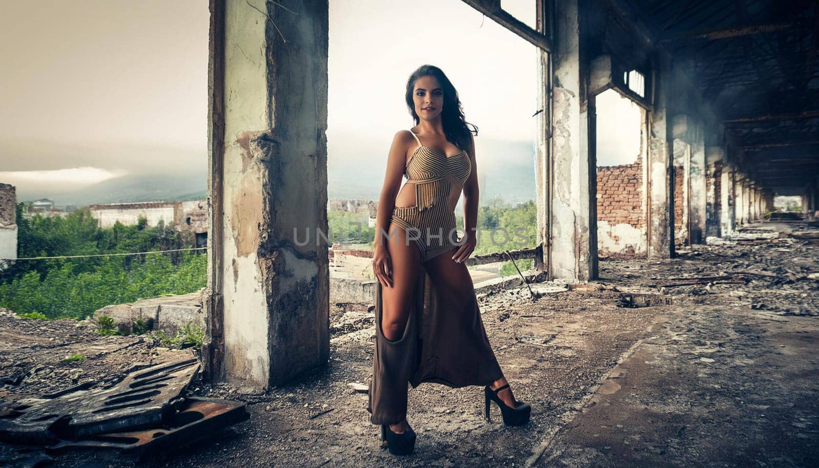 gorgeous goth woman in abandoned factory ruins, AI generated image