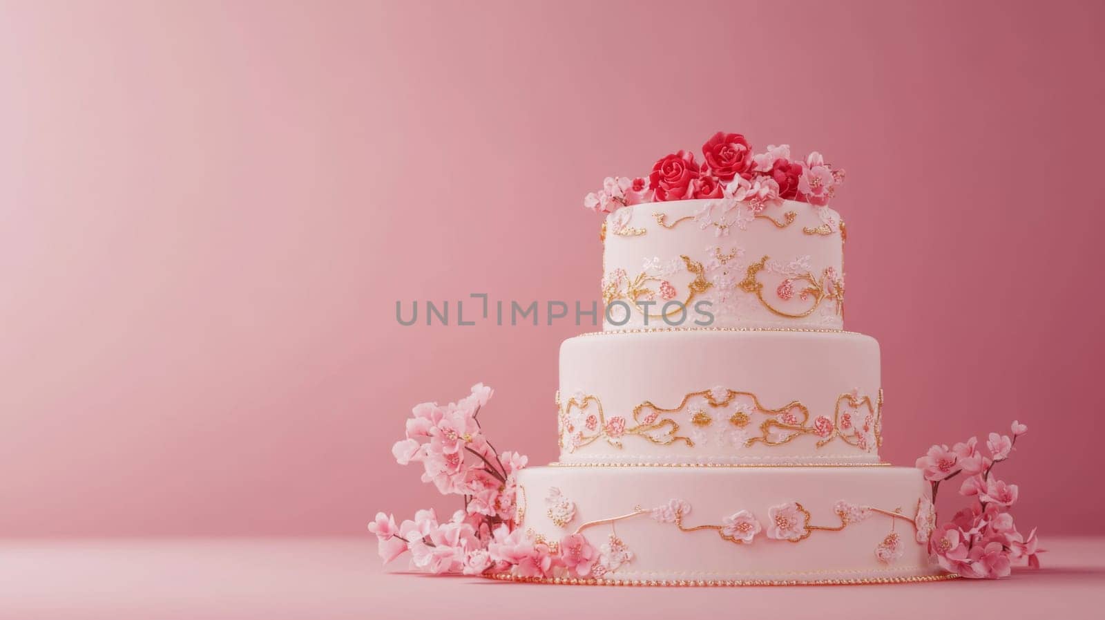 Wedding cake with beautiful flowers on solid pastel color background, copy space, AI Generated