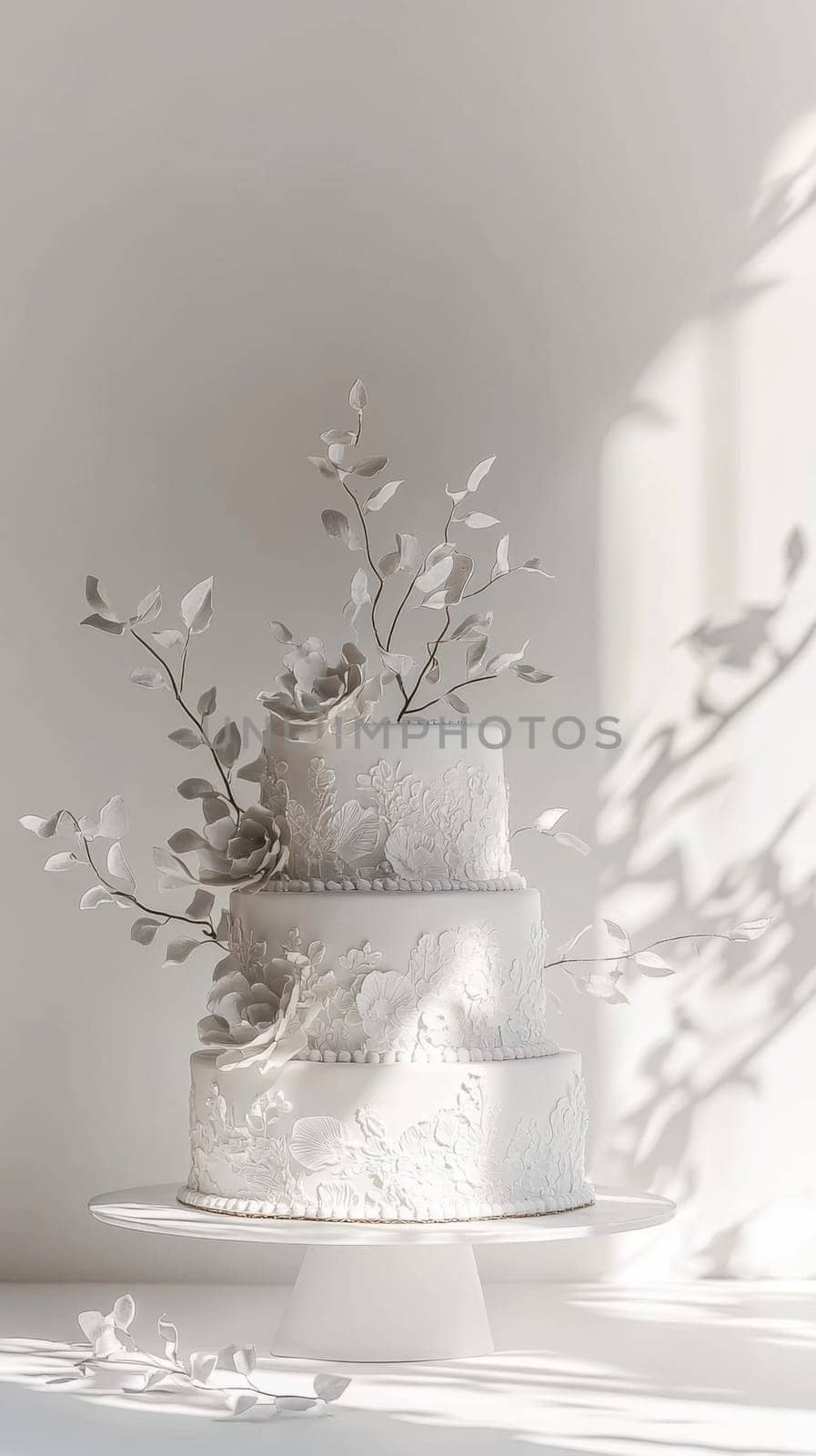 Wedding cake with beautiful flowers on solid pastel color background, copy space, AI Generated