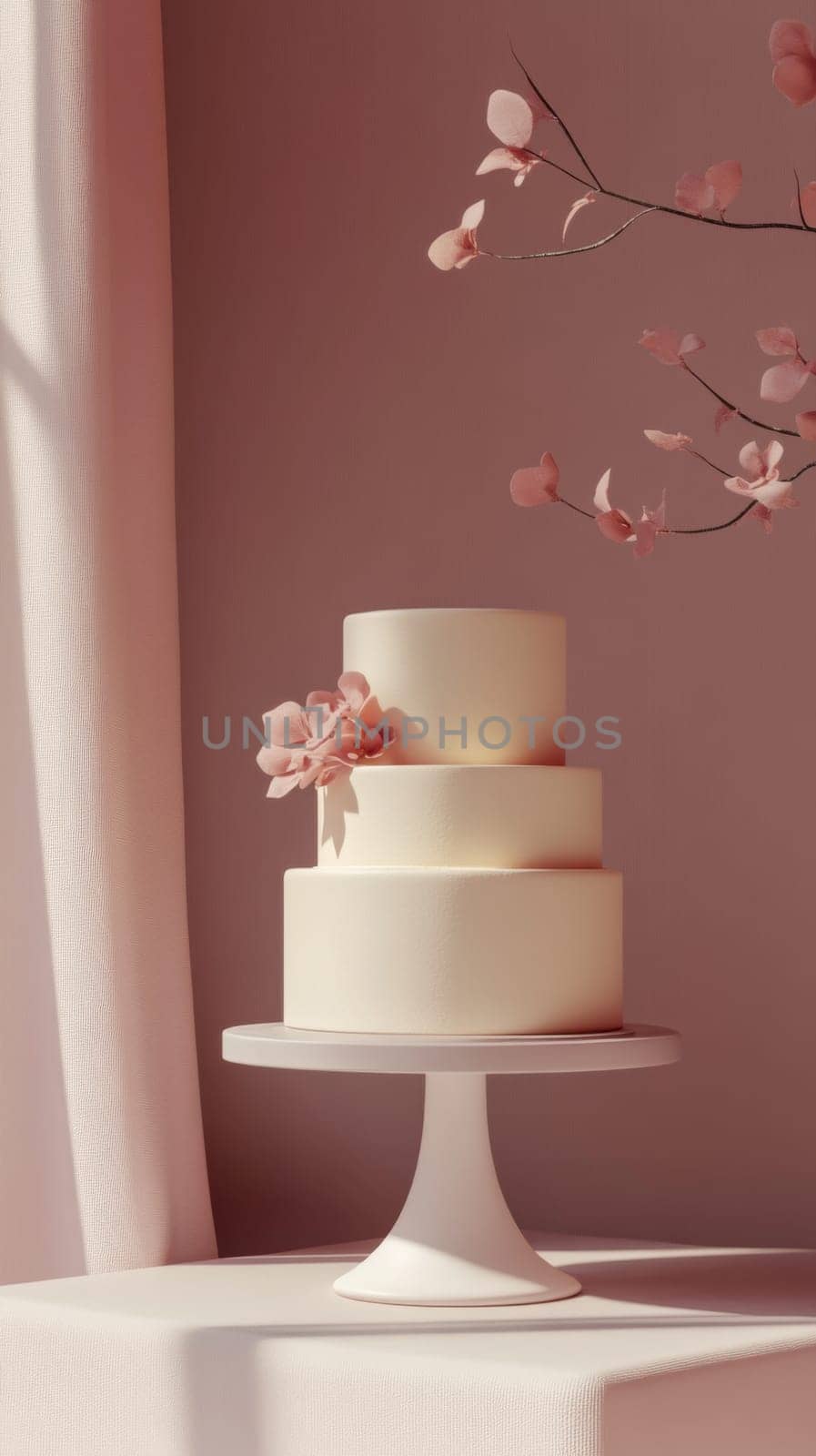 Wedding White tiered cake with pink blossom on pastel background, copy space, AI Generated