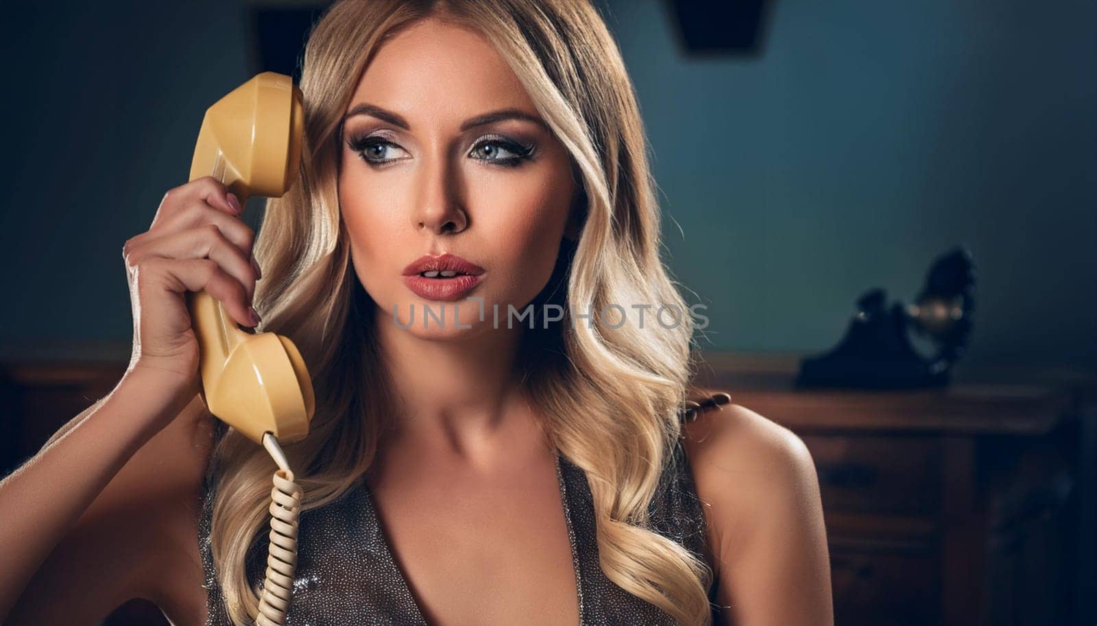 gorgeous young woman speaking on the phone, AI generated image