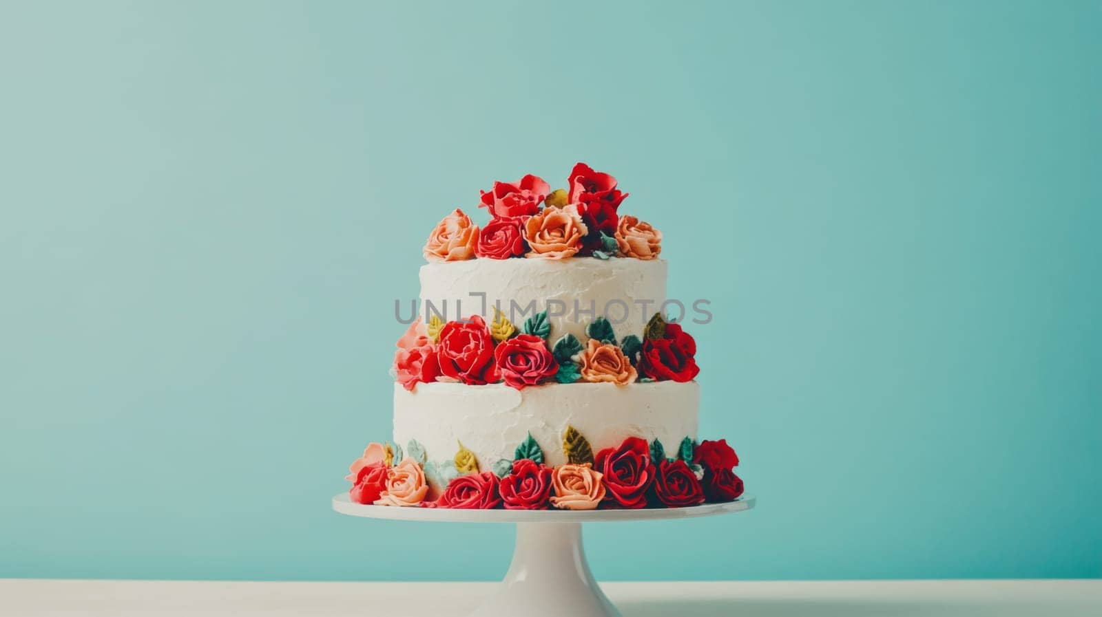 Tiered native wedding cake decorated with ornate gold accents and hearts, color background, AI Generated