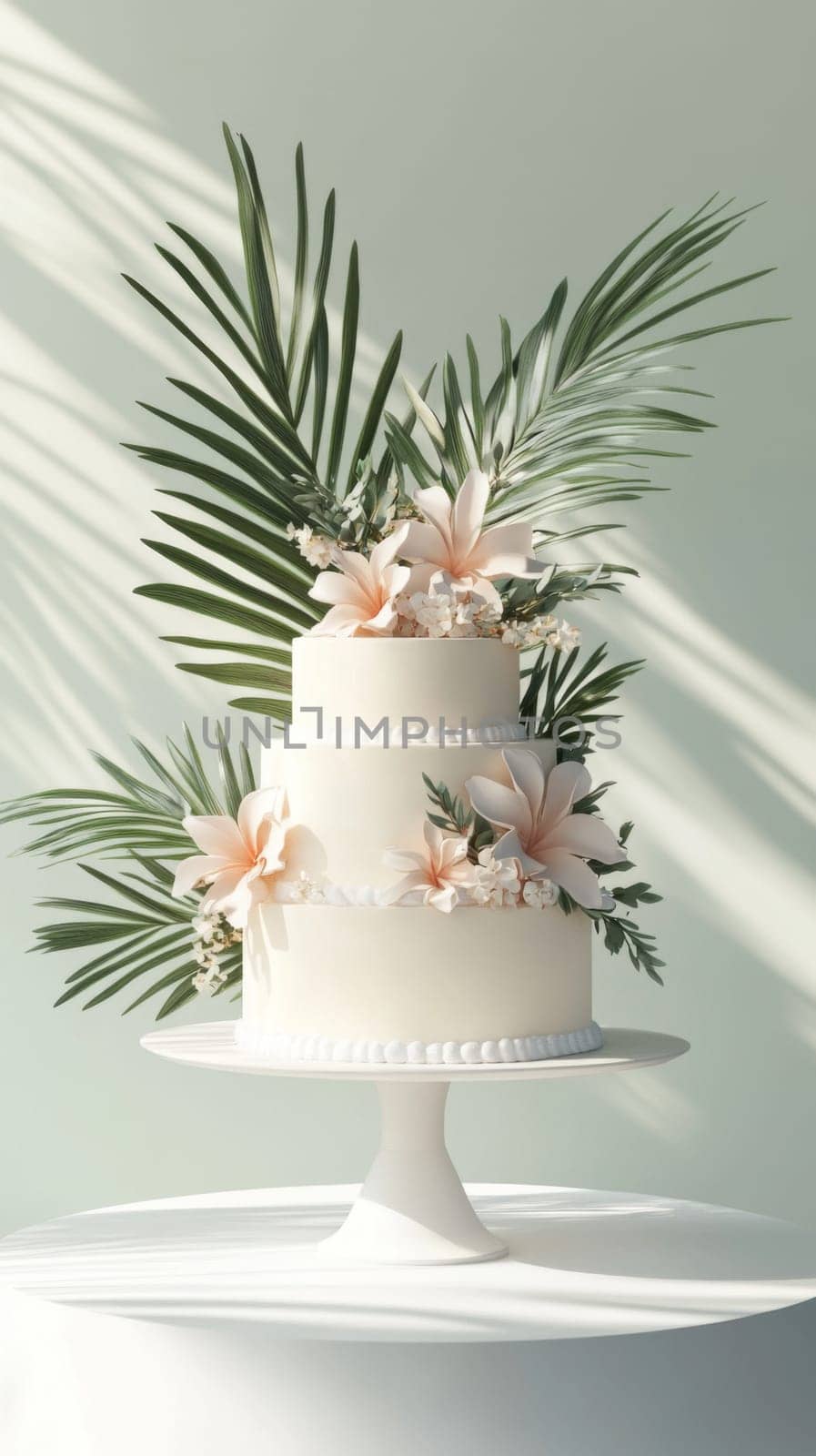 Tropical wedding floral cake with vibrant flowers on solid color background, copy space, AI generated
