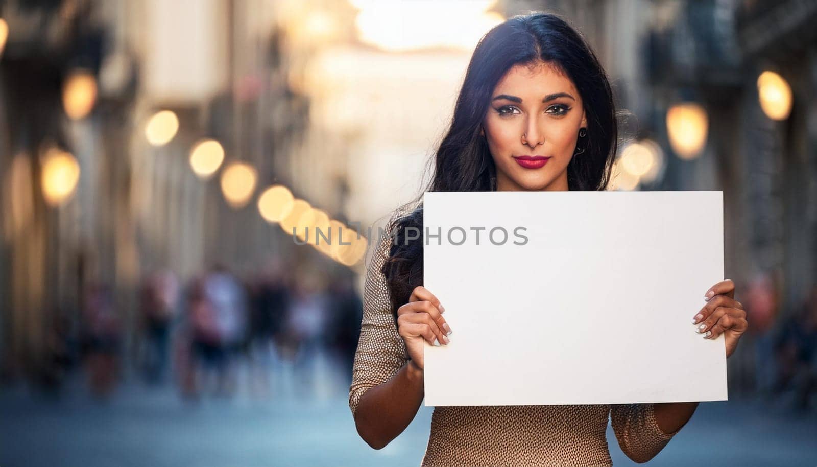 gorgeous young woman with blank sign, AI generated image