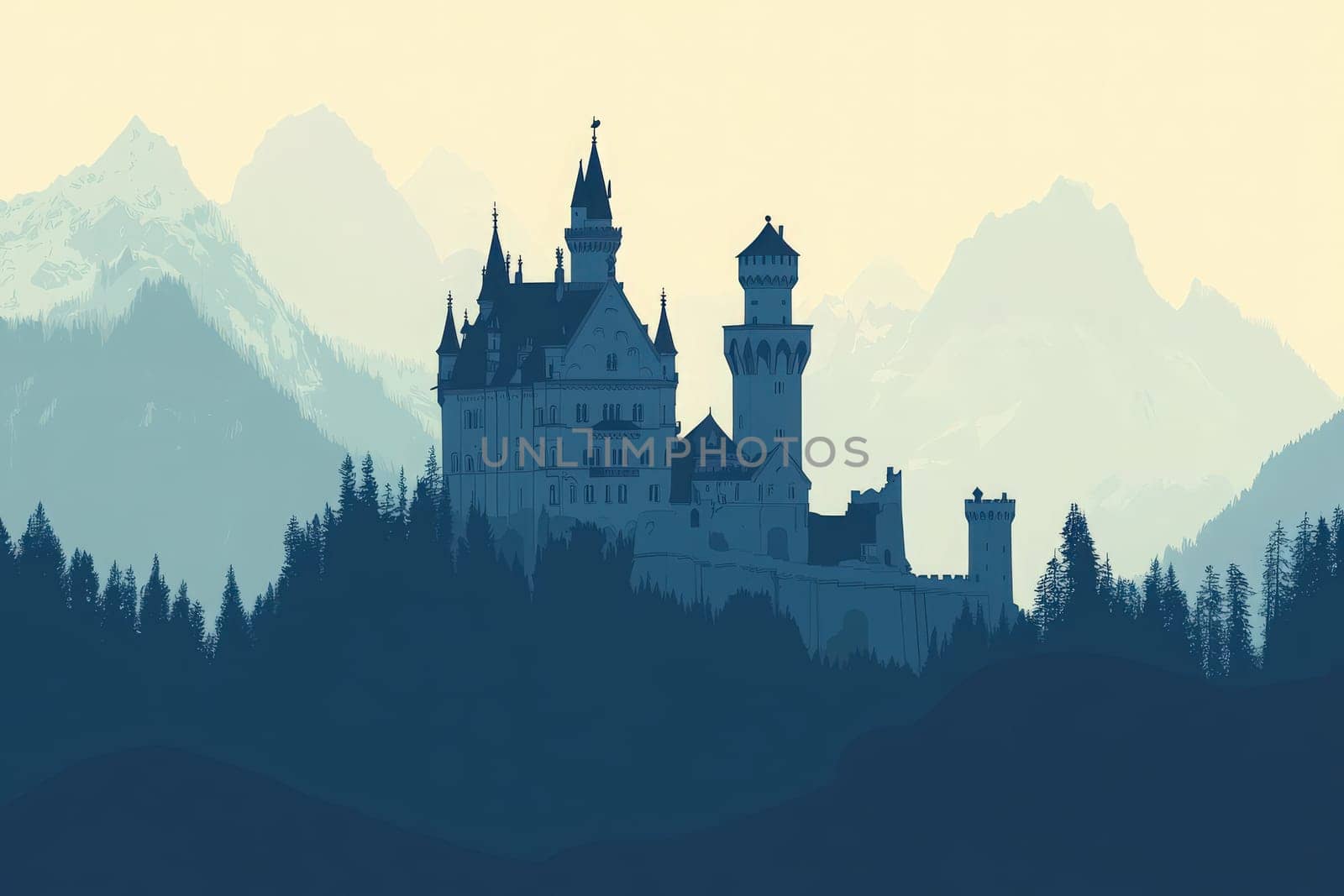 Neuschwanstein Castle rises majestically against a backdrop of soft mountains and trees, showcasing its architectural beauty in a tranquil, minimalist design under a fading sky.