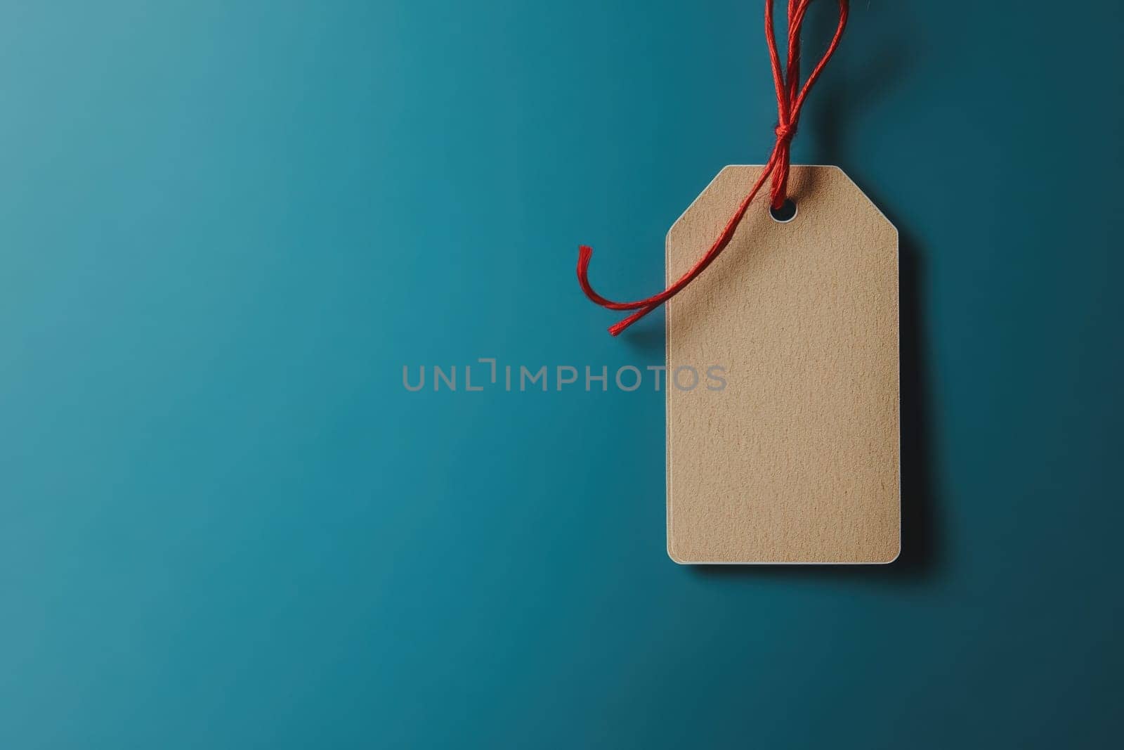 A clean, minimalist price tag hangs from a piece of twine against a smooth blue background. The simple design emphasizes the tags blank surface, ready for pricing or labeling.