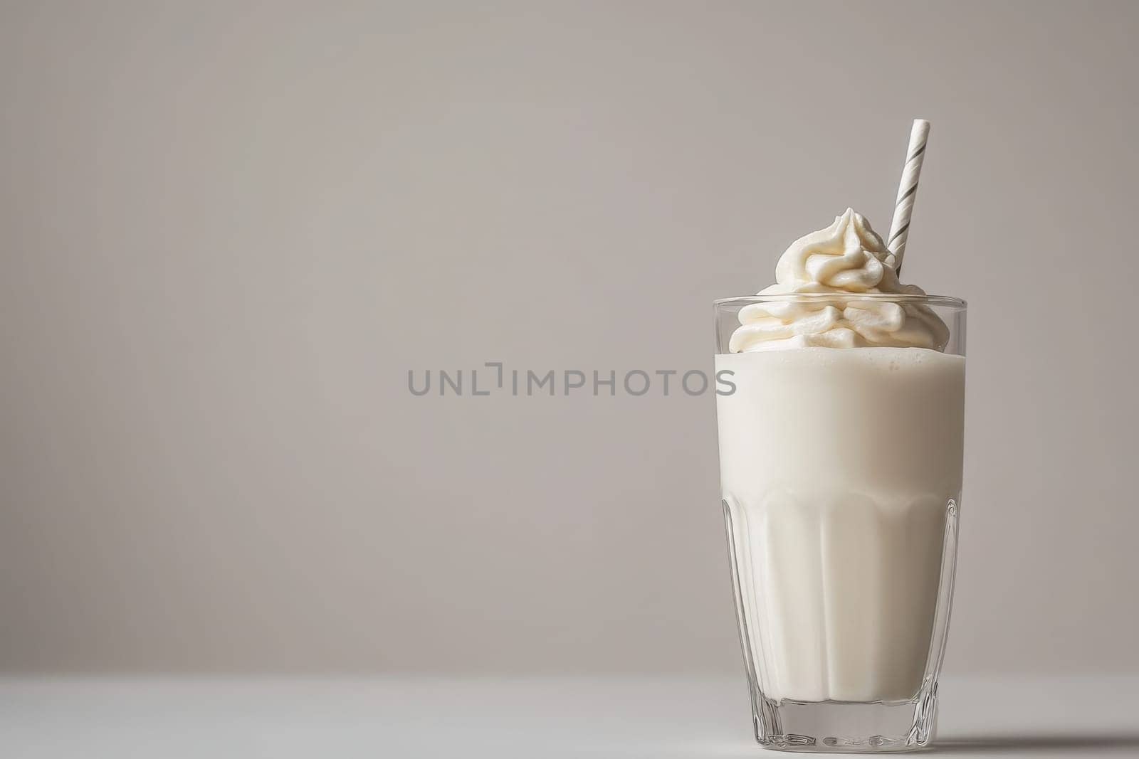 A sleek, clear glass filled with a creamy milkshake topped with whipped cream and a striped straw sits elegantly against a soft, neutral background, highlighting its minimalist design.
