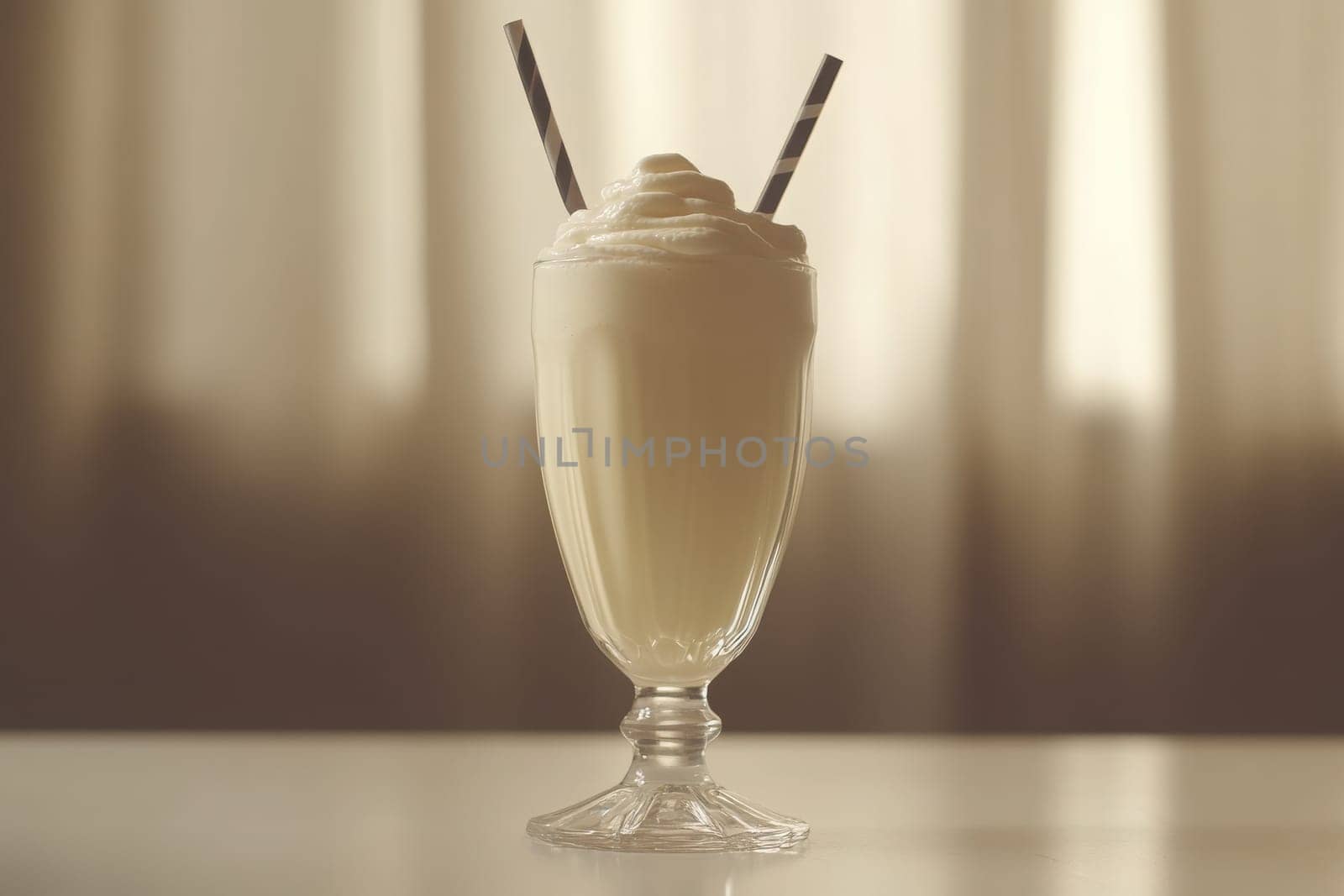 A clean and modern glass holds a creamy milkshake topped with whipped cream, accompanied by two striped straws. The background softly blurs, creating a serene atmosphere.