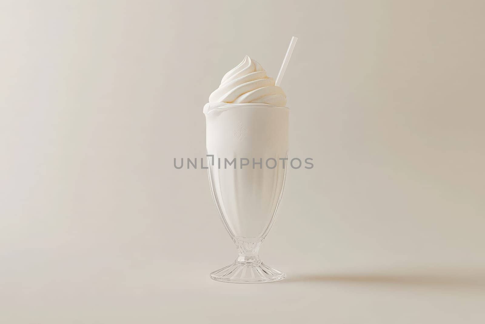 A clean and elegant glass holds a fluffy white milkshake topped with soft cream. The minimalist backdrop enhances the desserts simplicity and charm, inviting a refreshing experience.