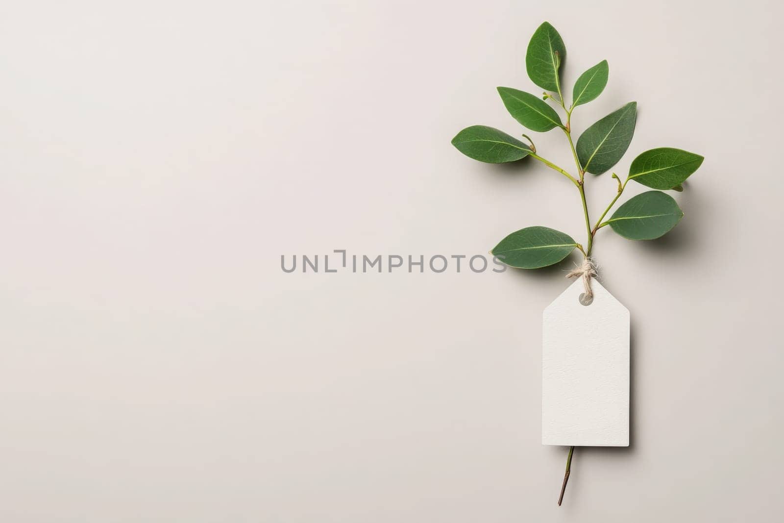 A clean minimalist design showcases a fresh green branch with glossy leaves, elegantly attached to a blank price tag. The soft beige backdrop enhances the simplicity and freshness of the composition.