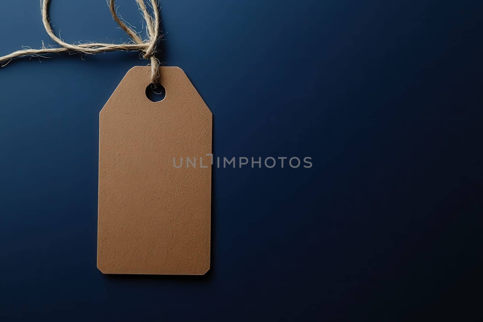 A simple, brown price tag is suspended by twine, featuring a clean, minimalist design. The tag stands out against the dark background, emphasizing its elegant simplicity and functionality.