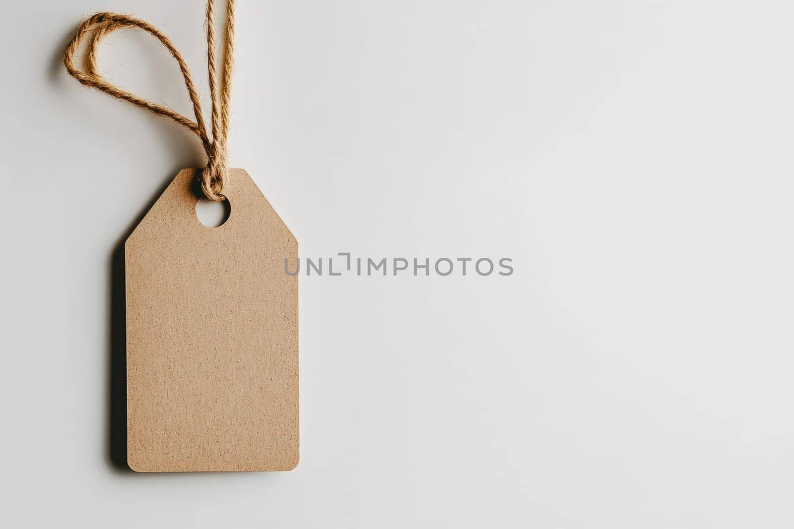 A clean and minimalist price tag made of natural cardboard hangs by a twine string against a smooth white background, emphasizing simplicity and elegance in design.
