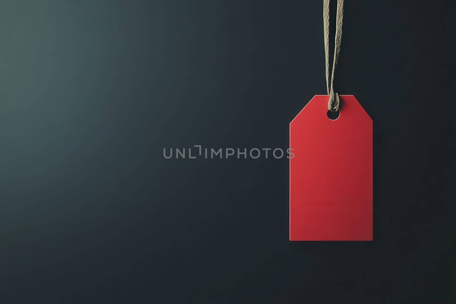 A striking red price tag hangs against a dark background, showcasing a minimalist design ideal for various projects. The simplicity emphasizes its versatility for pricing or labeling items.