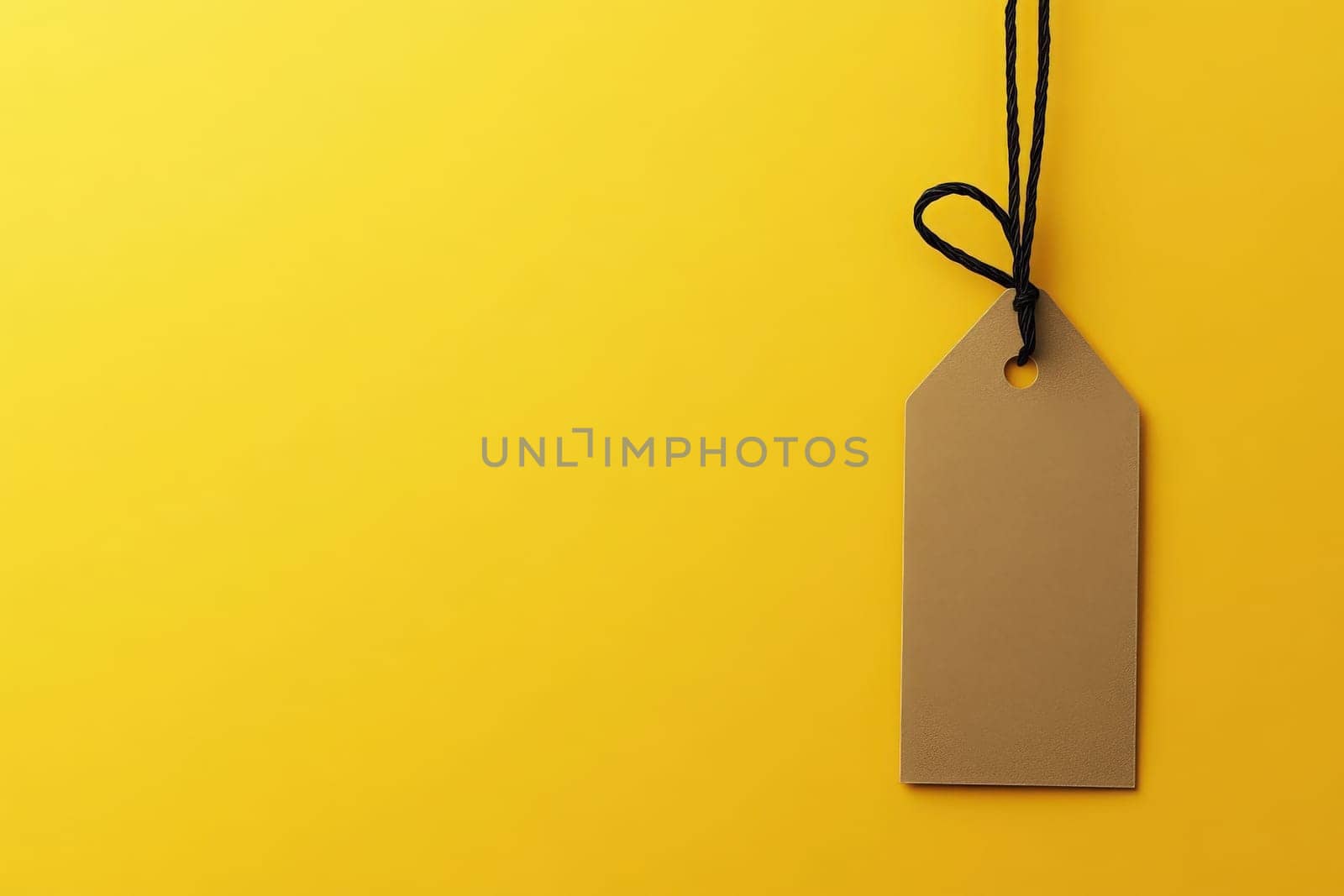 A simple, clean price tag hangs from a black string against a bright yellow background, emphasizing minimalism and modern design. The tags natural color contrasts beautifully with the vivid backdrop.