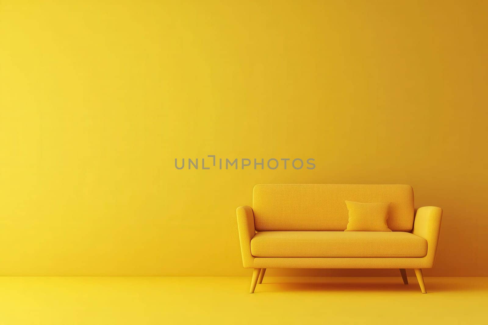 A simple yellow sofa stands isolated in a bold, monochromatic interior highlighted by a matching wall and floor. The minimalistic design emphasizes comfort and style in a modern space.