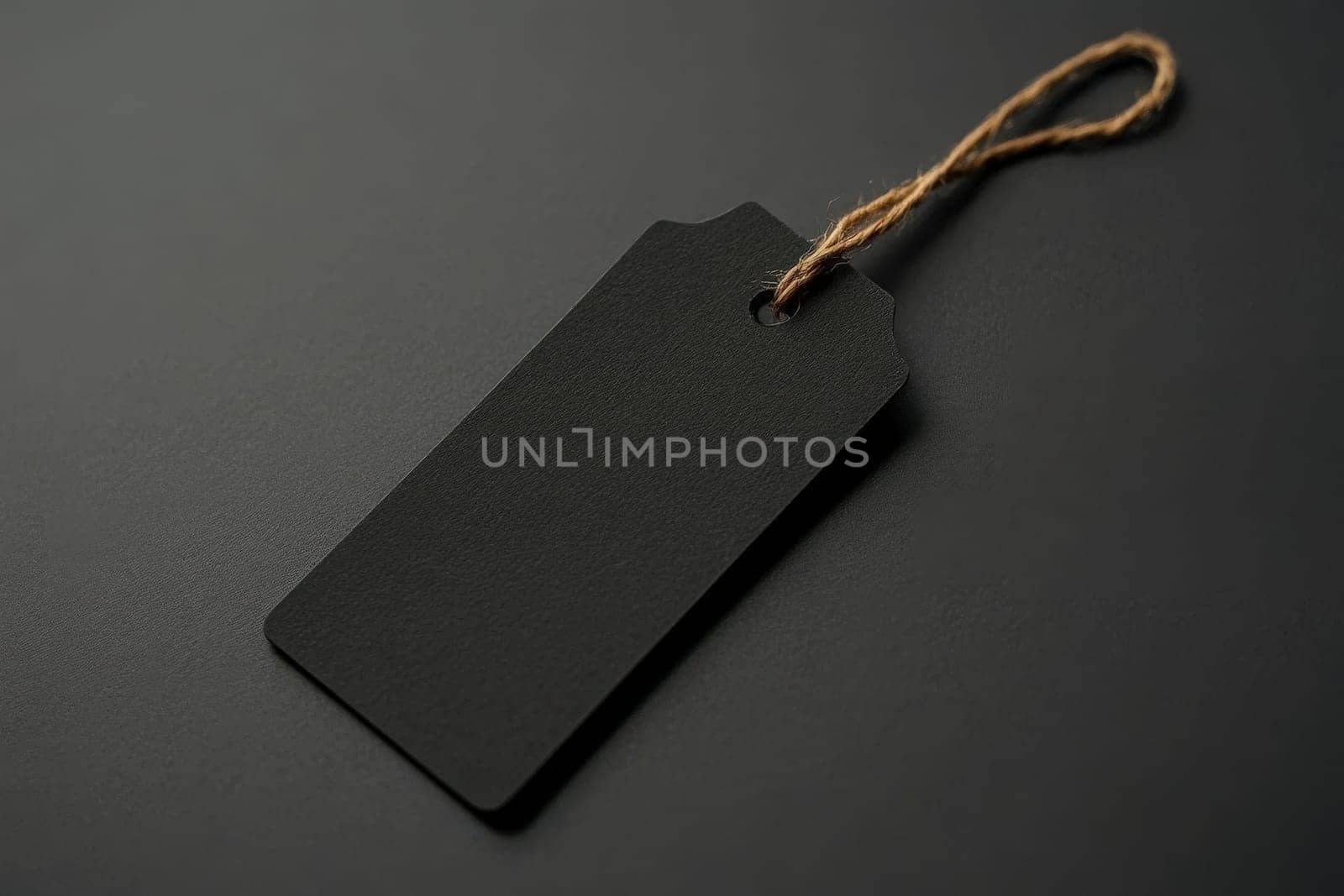 A sleek black price tag hangs by a twine string, set against a dark background, embodying a minimalist design ideal for modern branding and elegant presentations.