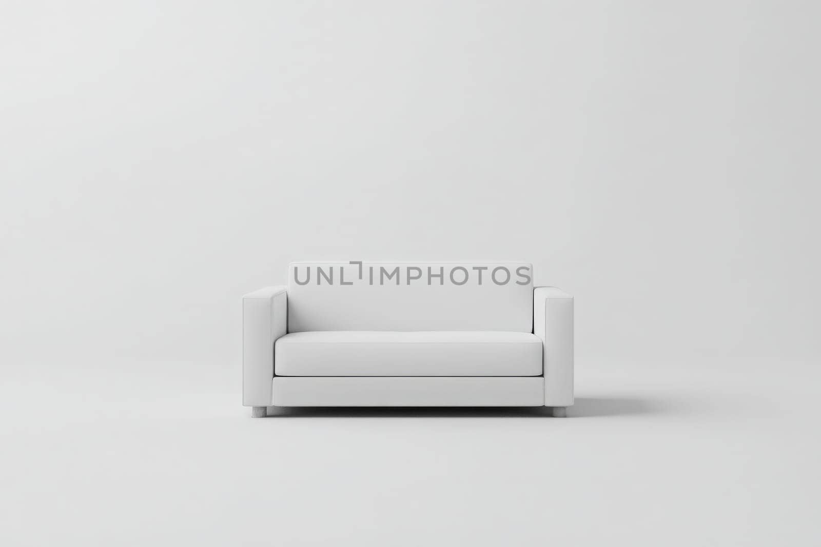 A stylish minimalist sofa stands isolated in the center of a bright room characterized by a clean, white backdrop, creating a serene and modern aesthetic. The simple design highlights elegance.