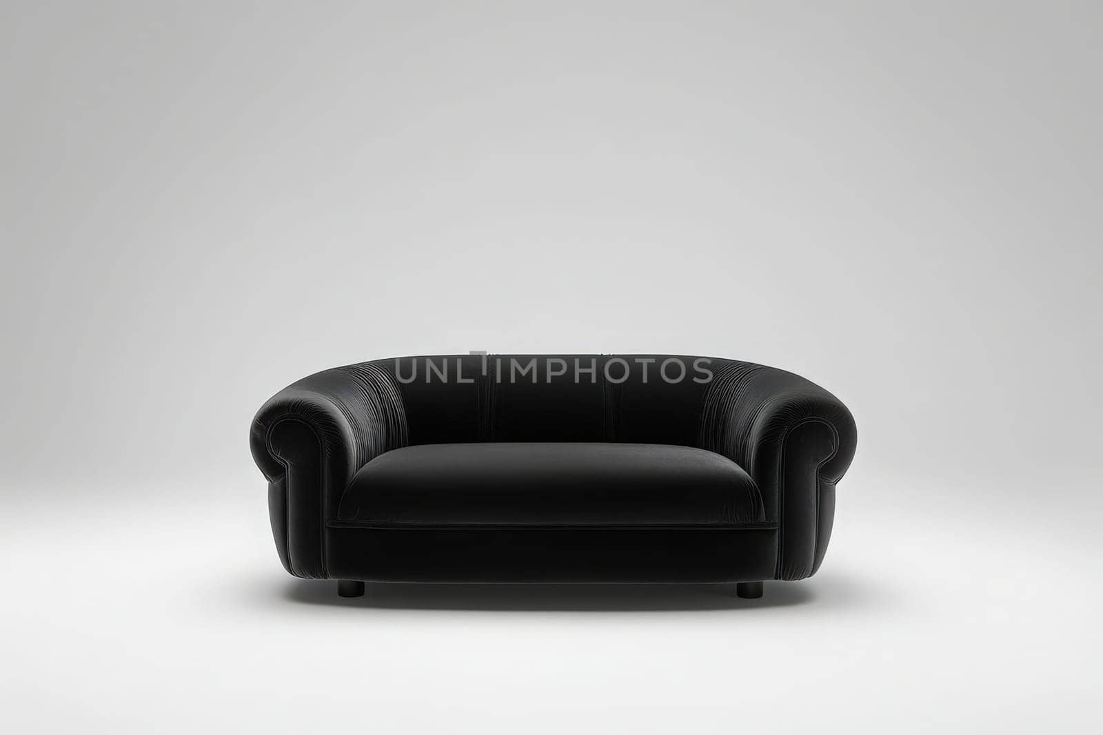 This elegant minimalist black sofa stands alone against a soft gray background, showcasing its simple yet stylish design, perfect for contemporary interior spaces.