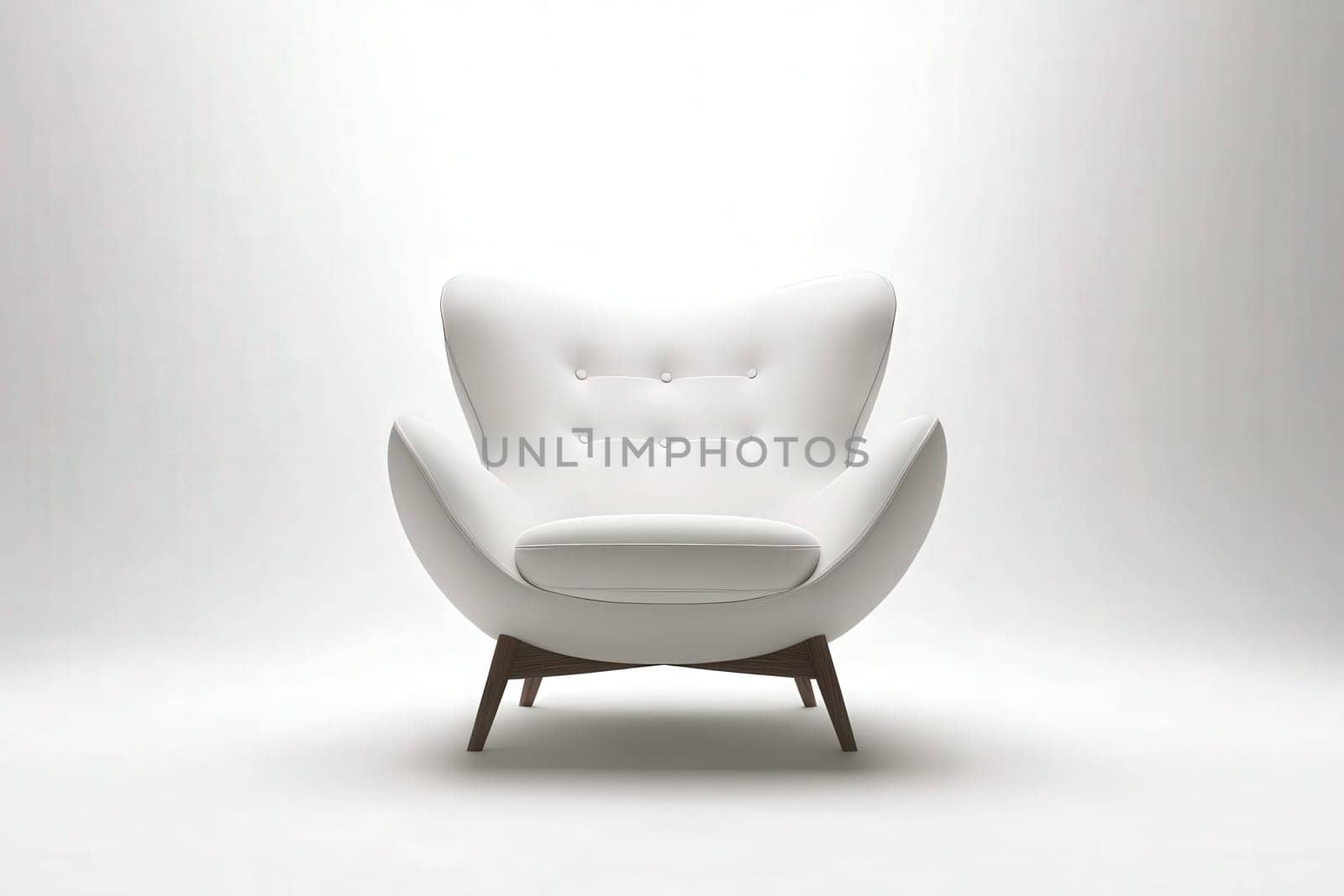 The armchair features a contemporary design with a white upholstery and wooden legs, standing out in a brightly lit, minimalistic environment, ready for relaxation or decoration.