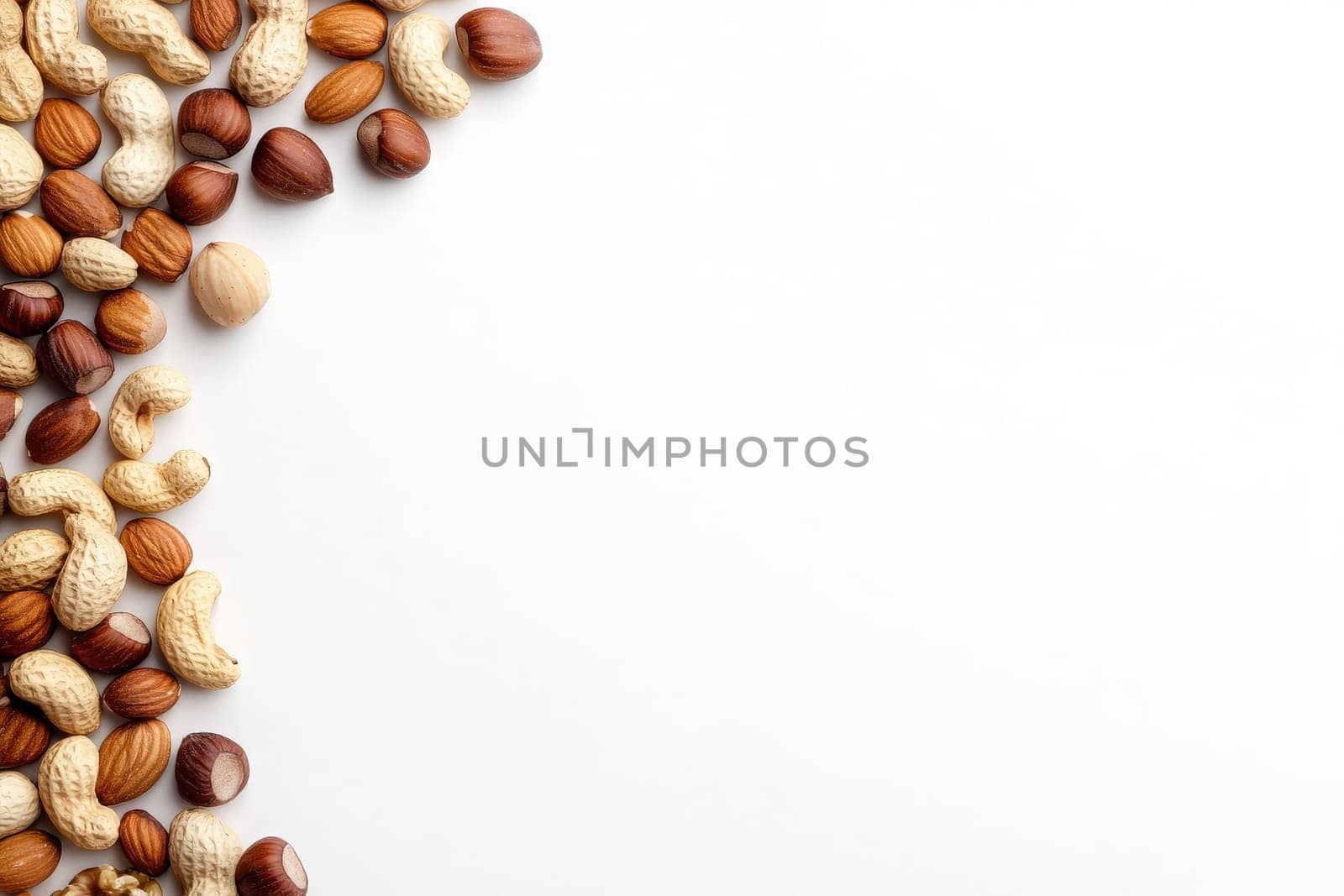 Mixed nuts are arranged artfully in the center of a white surface, showcasing a variety of textures and colors. Perfect for snacking or enhancing dishes with a nutritious touch.